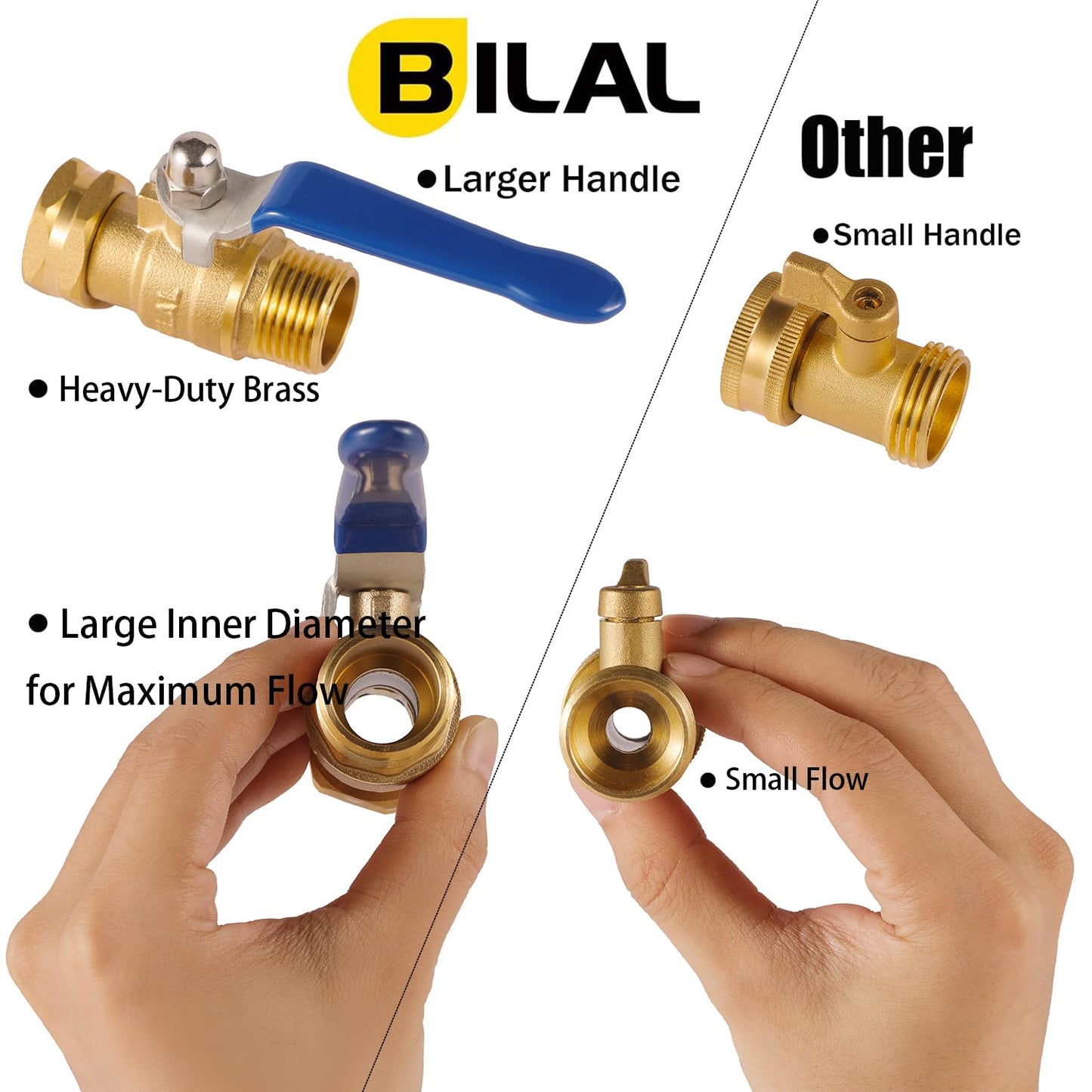 BILAL Heavy Duty Garden Hose Shut Off Valve with Long Handle, High Flow Hose Ball Valve 3/4" GHT Brass Water Valve Shutoff Tool with Rubber Washers, Garden Hose Connector Adapter Fittings (2 Pack)
