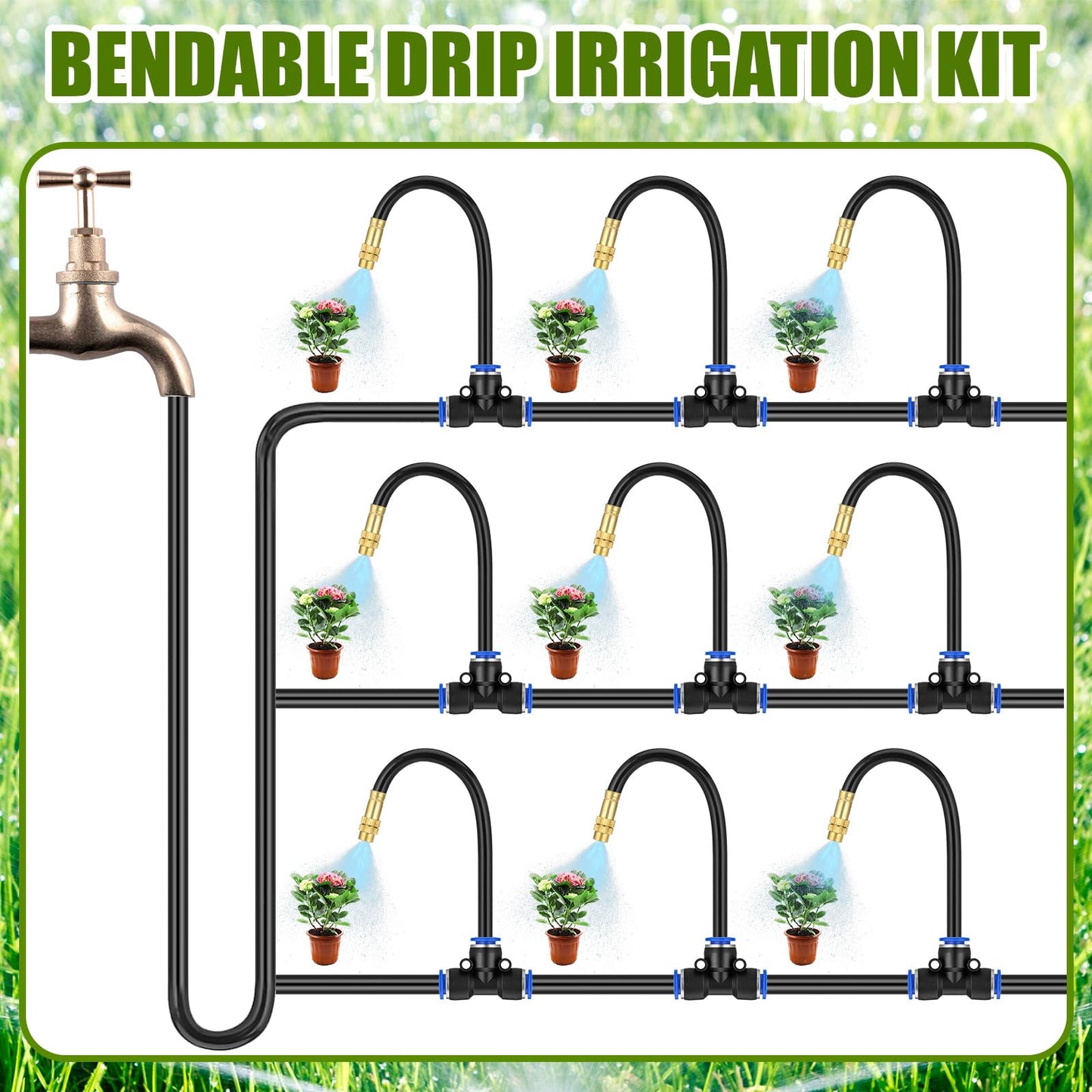 MorningRo 98 ft Drip Irrigation Kit, 5/16" Tube Automatic Watering System with 30pcs 360° Adjustable Brass Nozzles, Water Saving DIY for Garden, Lawn, Yard, Greenhouse Plants