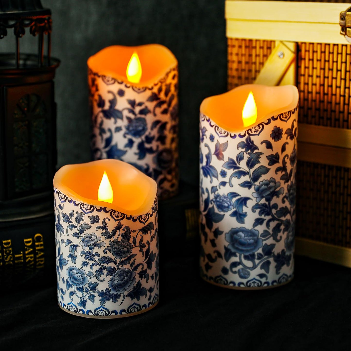 Lebaley 3PCS Chinoiserie Flameless Candles – Blue and White Porcelain Candles with Remote,Floral Battery Operated LED Candles,Blue Pillar Candles Chinoiserie Decor for Home Weddings Party Festivals