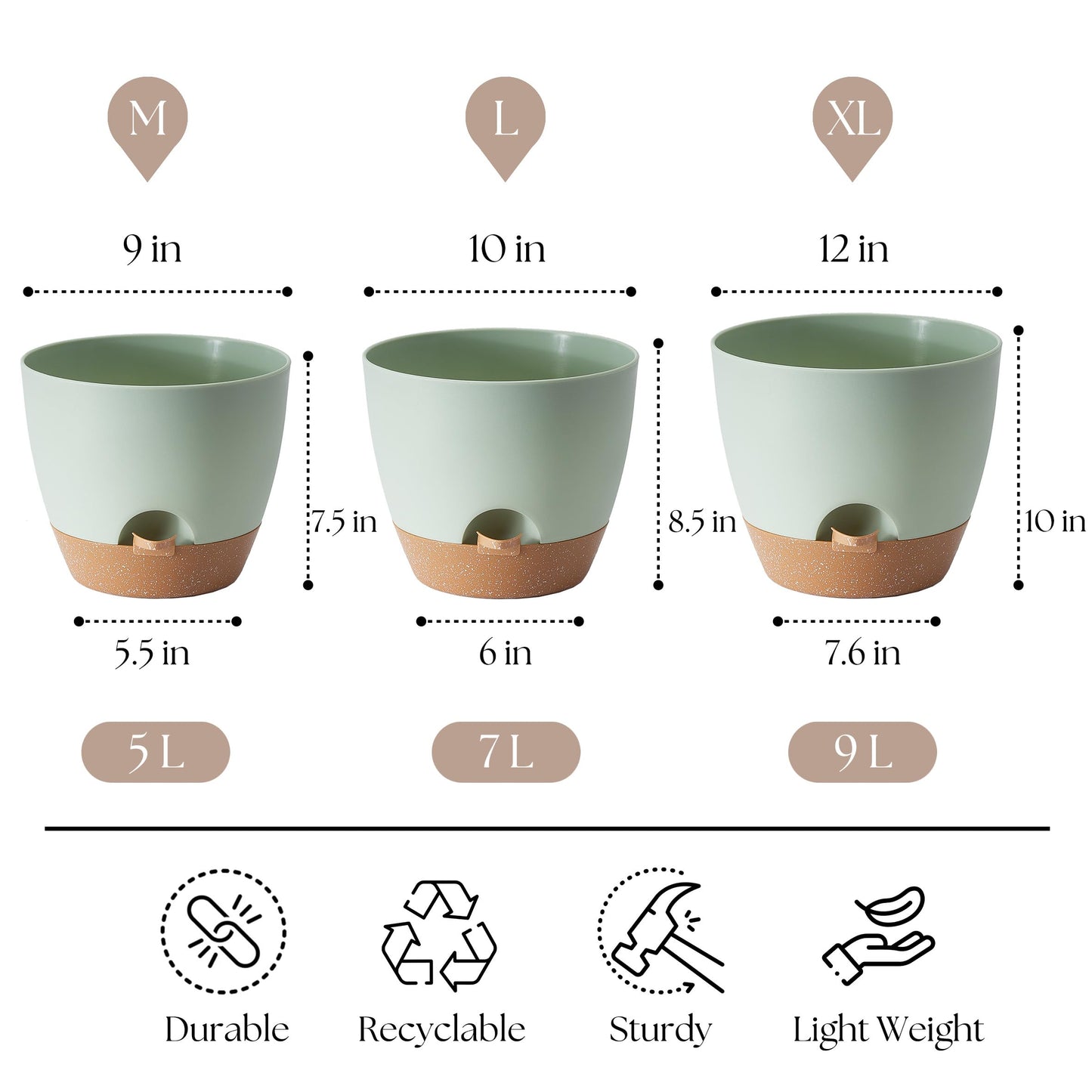 TYMENSH Plant Pots 12/10/9 inch Set of 3, Self Watering Flower Pots Indoor Outdoor, Planters with Drainage Hole Saucer Reservoir, Green