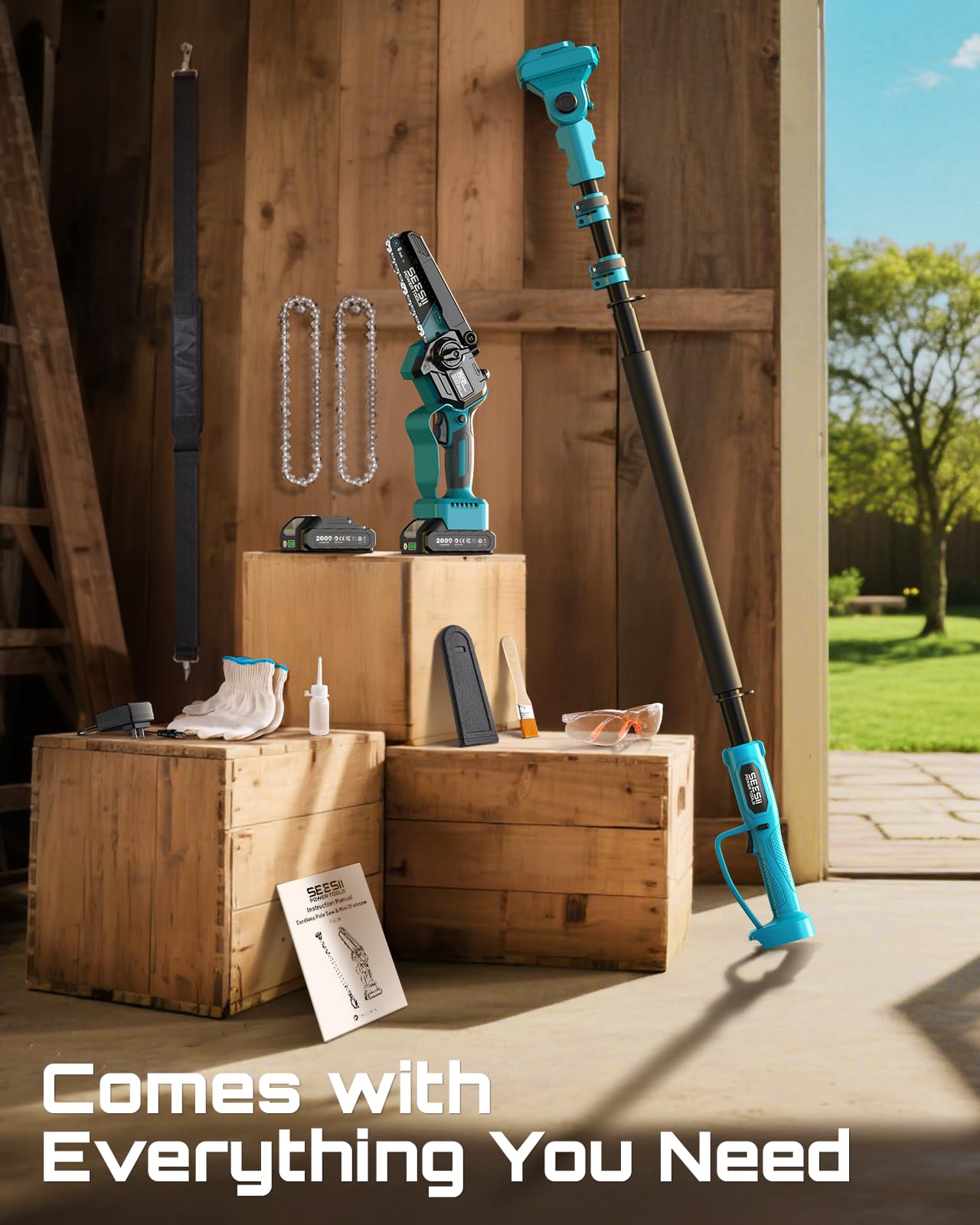 SEESII 2-in-1 Electric Pole Saws for Tree Trimming, 6 Inch Mini Chainsaw Cordless with Extension Pole, Battery Powered Pole Chain Saw, Tree Trimmer Limb Branch Cutter Pruner with 2 Battery P6 Plus