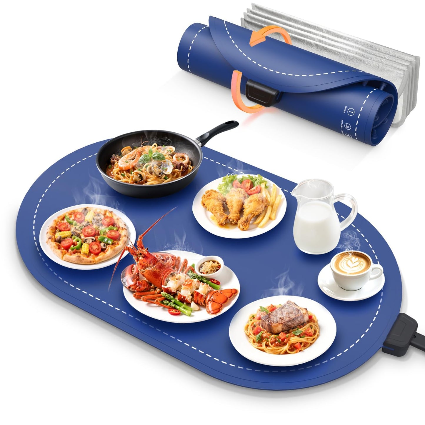 Food Warming Mat for Table & Buffet, Fast Heating Serving Tray with Adjustable Temperature & Timer, Foldable Silicone Heating Mat for Family Meals, Parties & Holiday Hosting