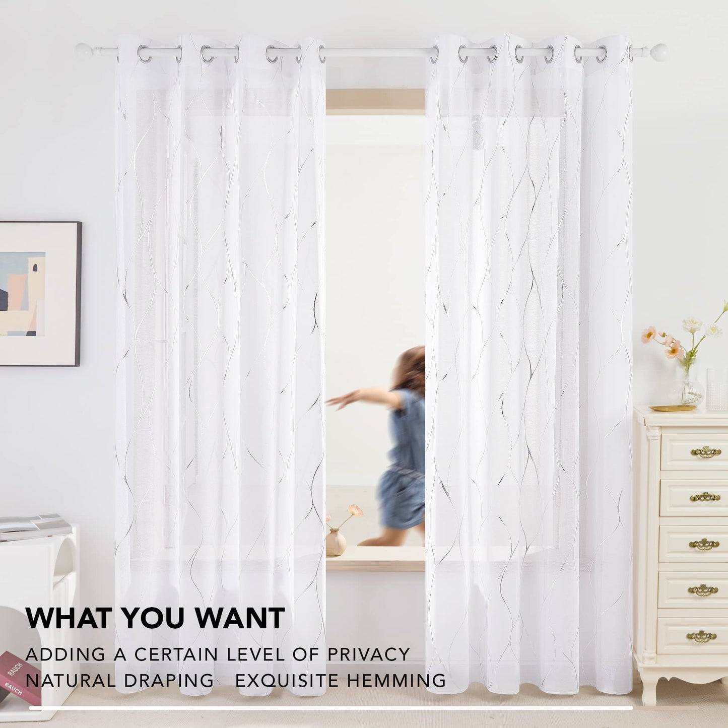 Deconovo Semi Sheer Curtains 2 Panels, 52W x 84L Inch Each, Grommet Top Voile, Light-Filtering Day Privacy, Silver Wave Foil Pattern, Living Room/Bedroom Window Drapes, Easy Hang