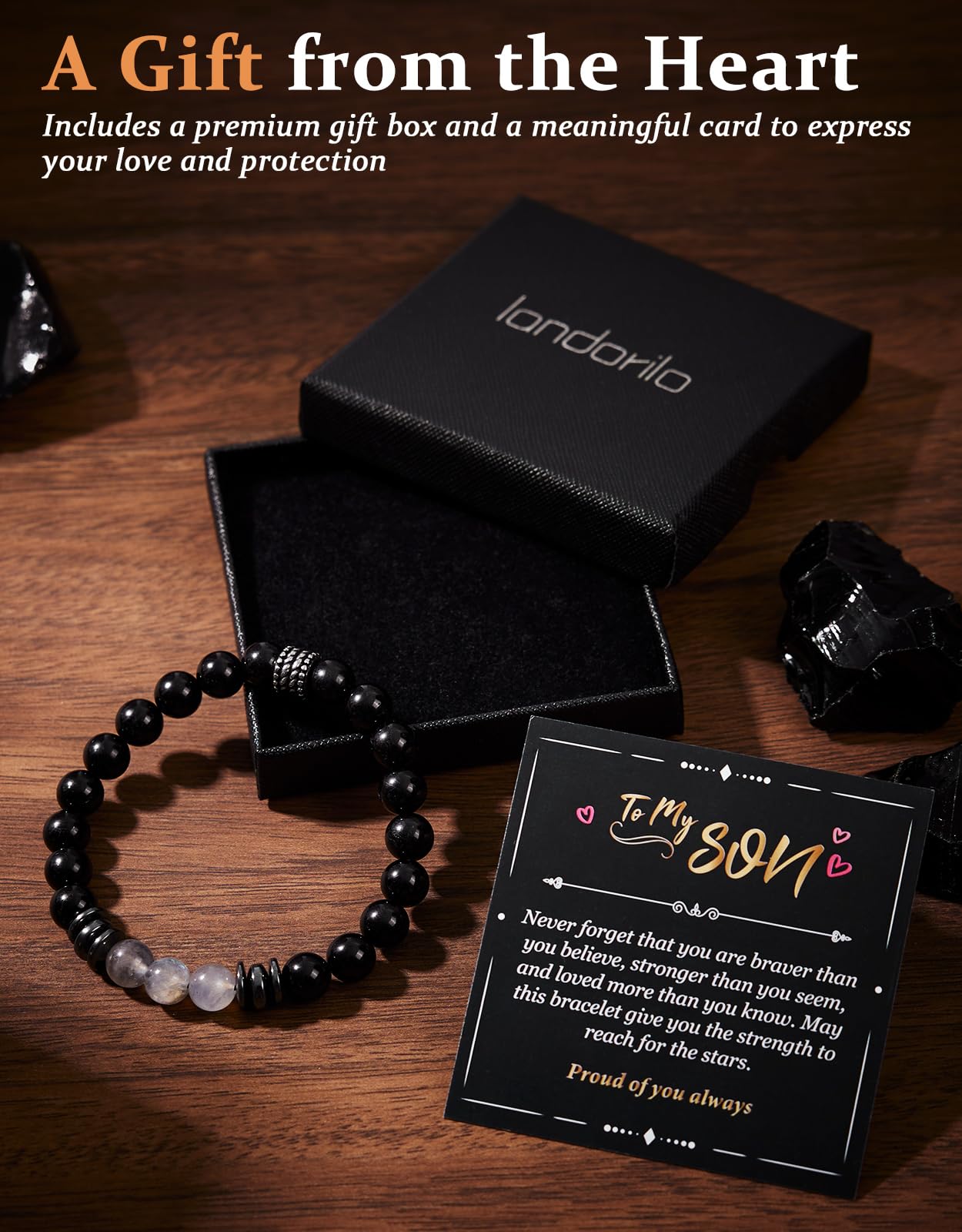 Landorilo Gifts for Men, 8mm Natural Stone Beaded Bracelets, Black Tourmaline & Labradorite Healing Bracelet, Handmade Mens Jewelry Gift for Him, Husband, Son, Father, Friend(Happy Birthday-7.5in)