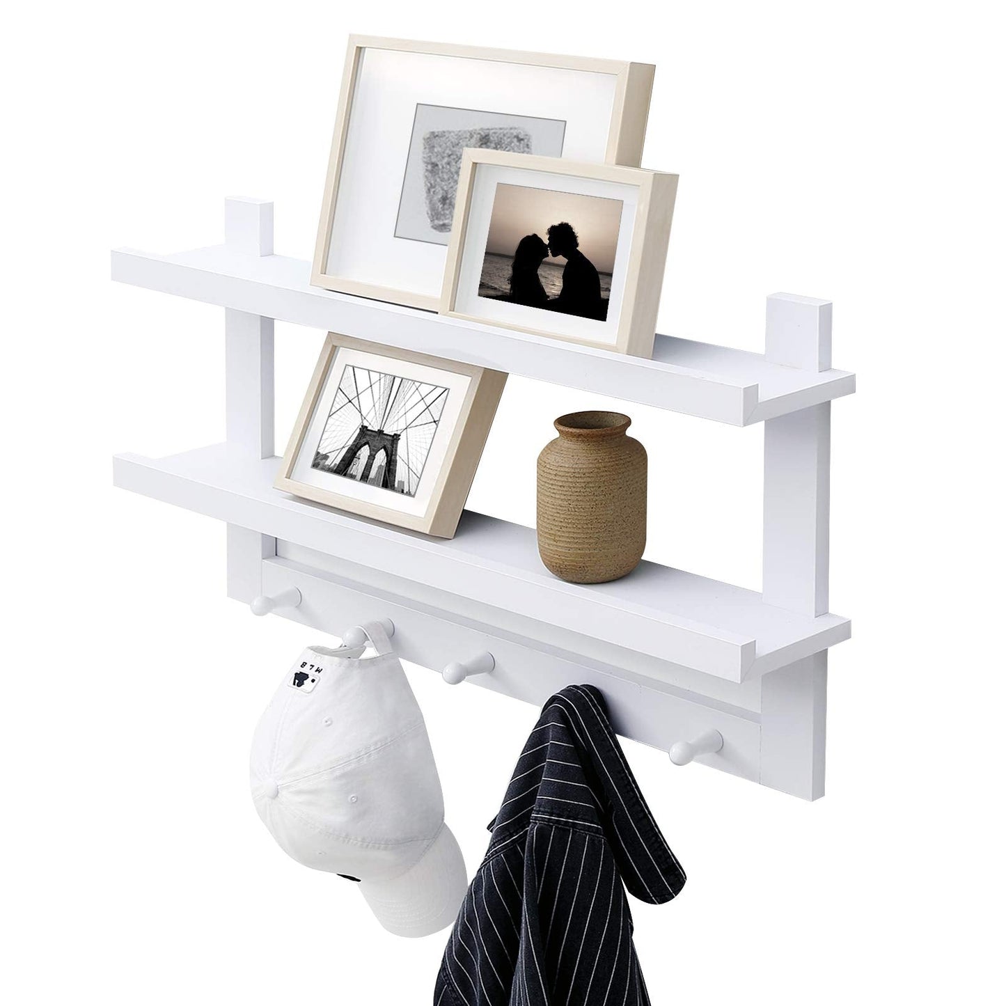 WELLAND 2 Tiers Entryway Floating Wall Shelf Hanging Shelf 29" L, Wall-Mounted Coat Rack Shelf with 5 Hooks for Hallway, Bathroom, Living Room, Bedroom,White