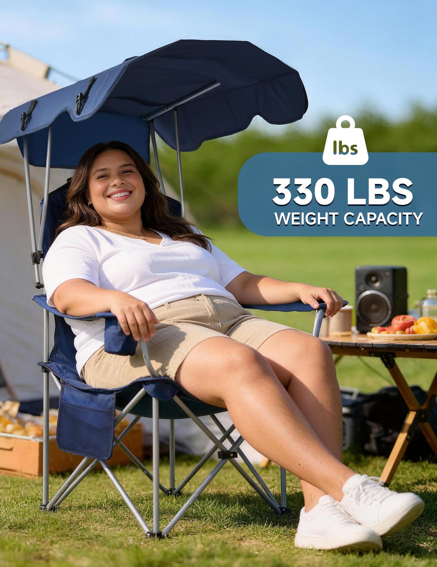 East Oak Camping Chair with Canopy | 25" High Back Folding Beach Chair with Canopy Shade, Supportive Headrest, Cup Holder, Side Pocket, 330 lbs Heavy Duty Canopy Chair for Outdoors