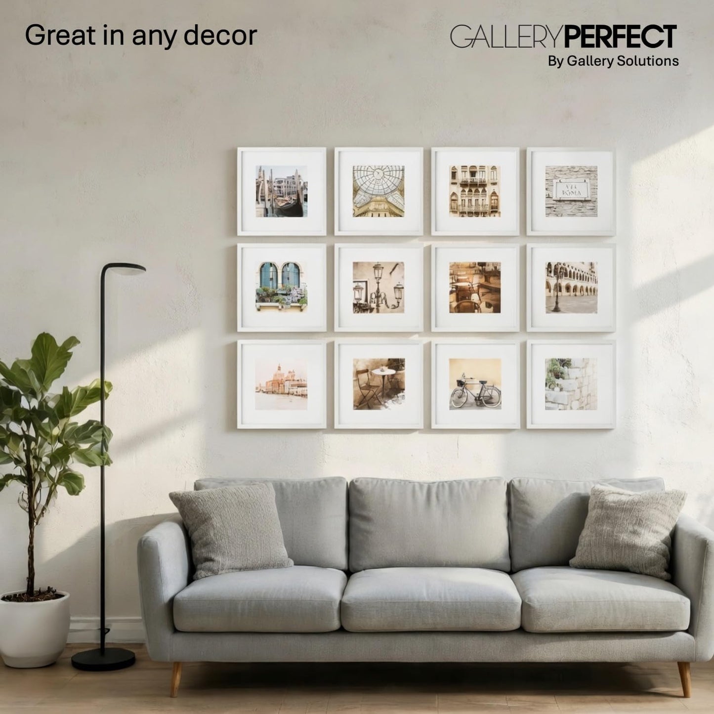 Gallery Perfect - 12-Piece White Square Photo Frame - Set with Hanging Template - Wall Gallery Kit - 16.5"x10.2"x16.7" - Square Wall Mount - Complete Set - Galley Wall - Picture Frame Set