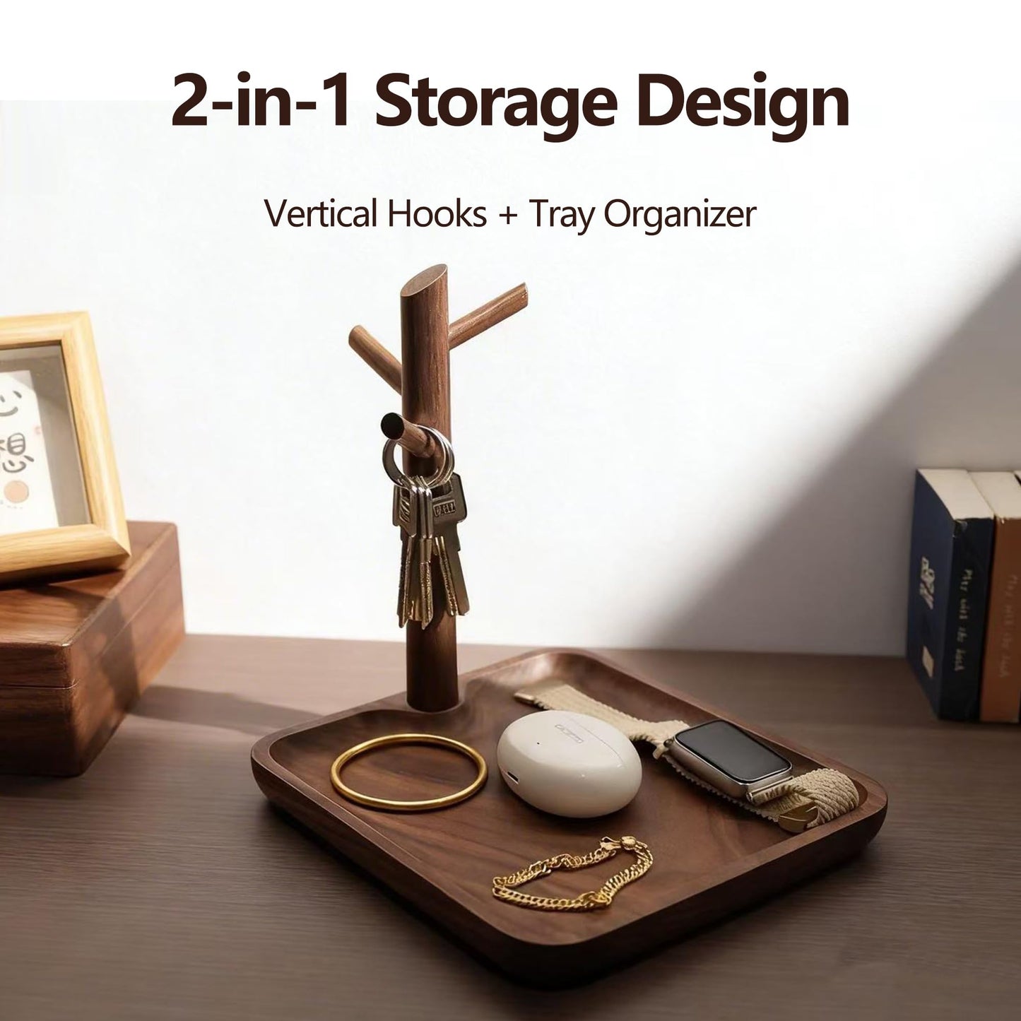 LIGNUMLOQU Solid Black Walnut Wooden Key Tray, Multi-Functional Key Bowl for Entryway Table, Key Holder Stand equipped with 3 Hooks, Wood Dish for Wallet,Watch,Mobile Phone and Jewelry Organizer