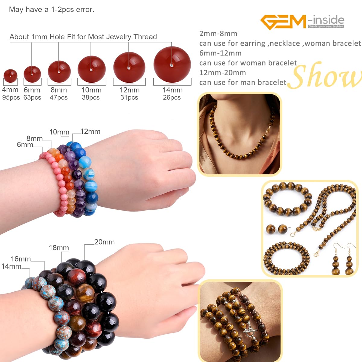 GEM-Inside Natural 18mm Large Tiger Eye Gemstone Loose Beads Round Crystal Energy Stone Power for Jewelry Making 15''