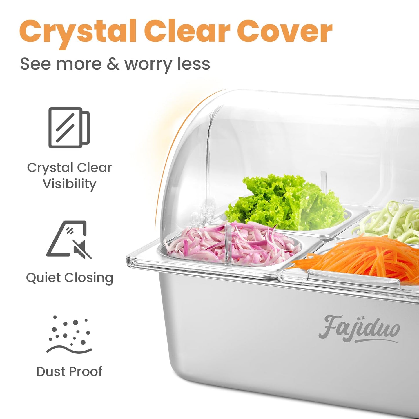 Countertop Ice Food Serving Display Container, Spice Display Salad Dressing Cooler, Stainless Steel Food Serving Tray Buffet Condiment Dispenser with Clear Roll Top Cover, Clamps, Spoons, Ice Box
