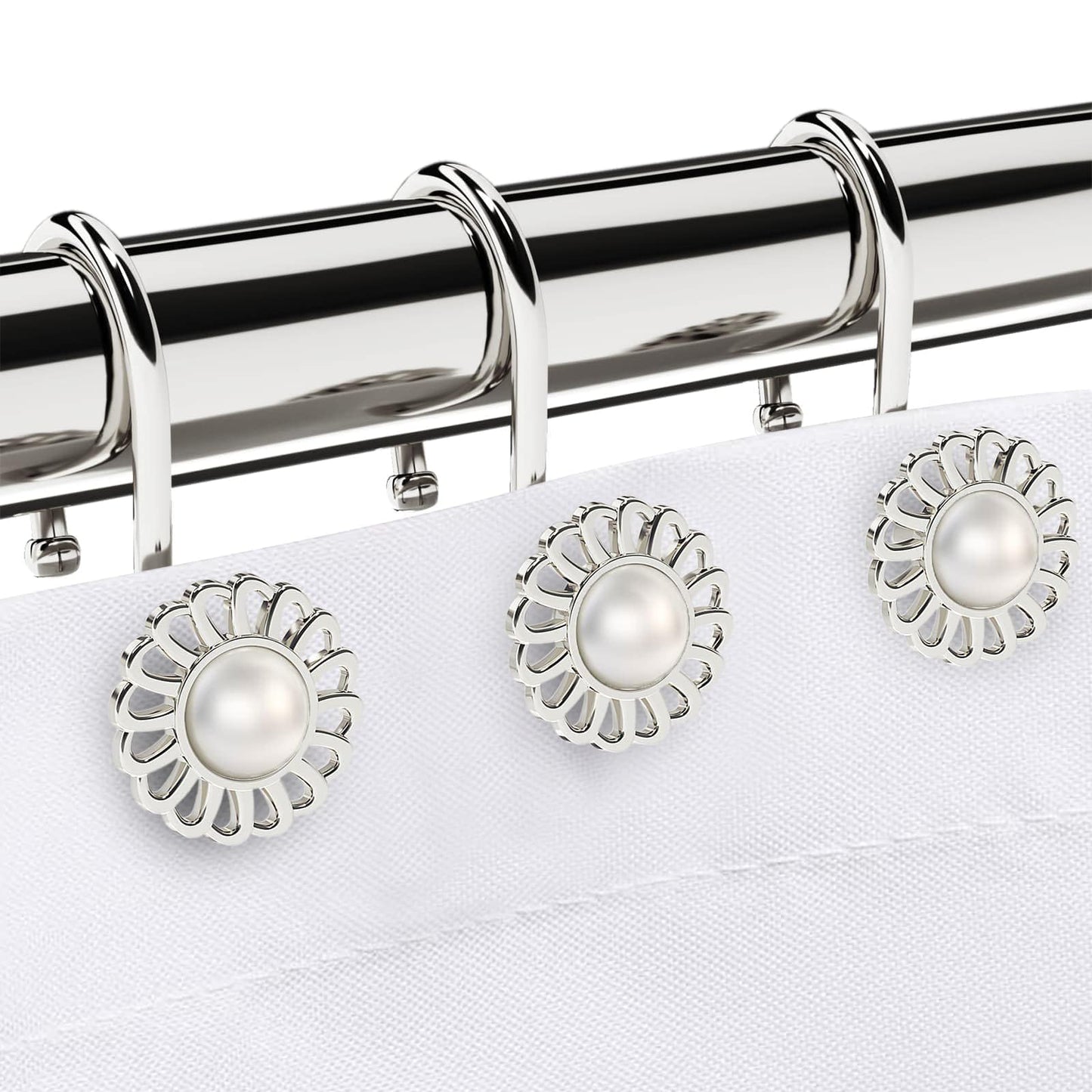 iToplin Nickel Shower Curtain Hooks Rings, Decorative Shower Curtain Hangers, Heavy Duty Metal Shower Rings, Sunflower Shower Hooks for Shower Curtain Rod and Liner, Bathroom Curtain Hooks, Set of 12