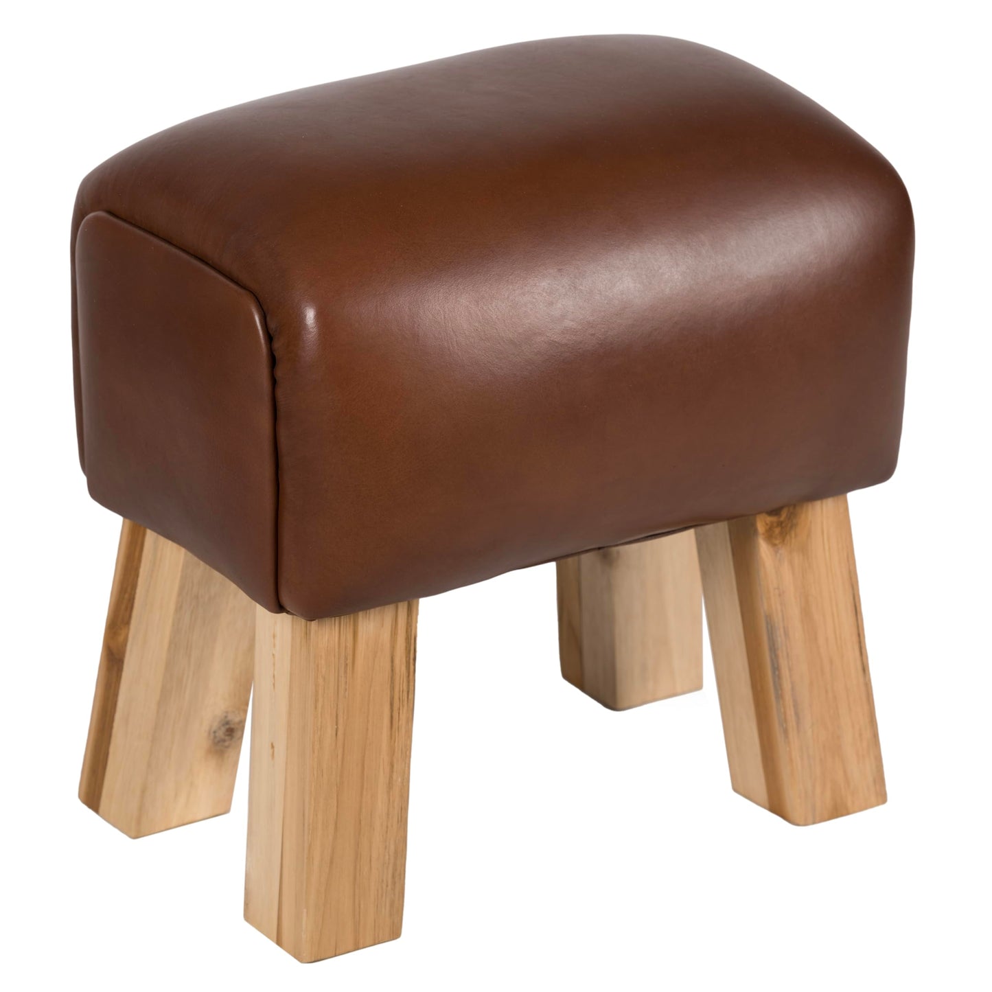 Bare Decor Gorgie Accent Stool in Brown Genuine Leather with Teak Legs Small