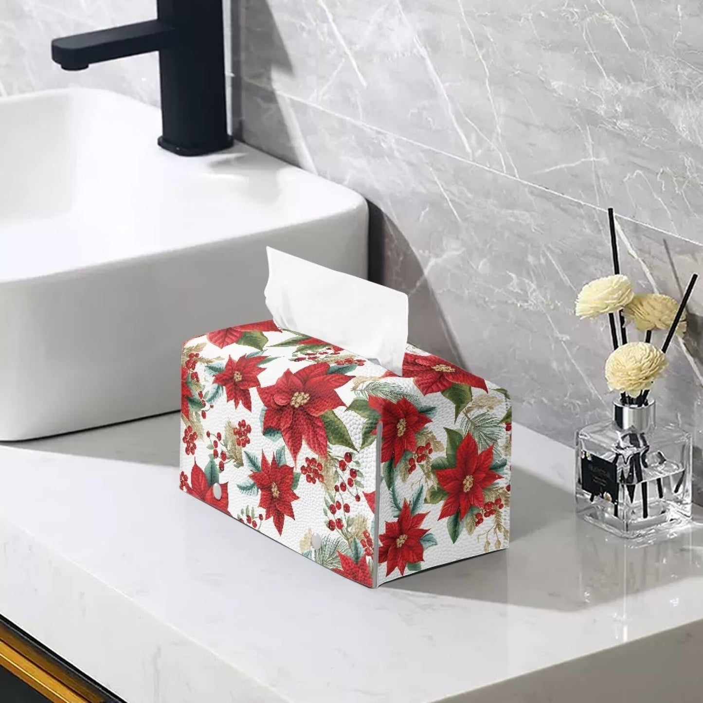 Viewamoon Christmas Floral Tissue Box Cover Rectangle Leather Soft Fabric Paper Holder Box Easy to Install 9x5x5 Cube Cover for Bathroom Deocration
