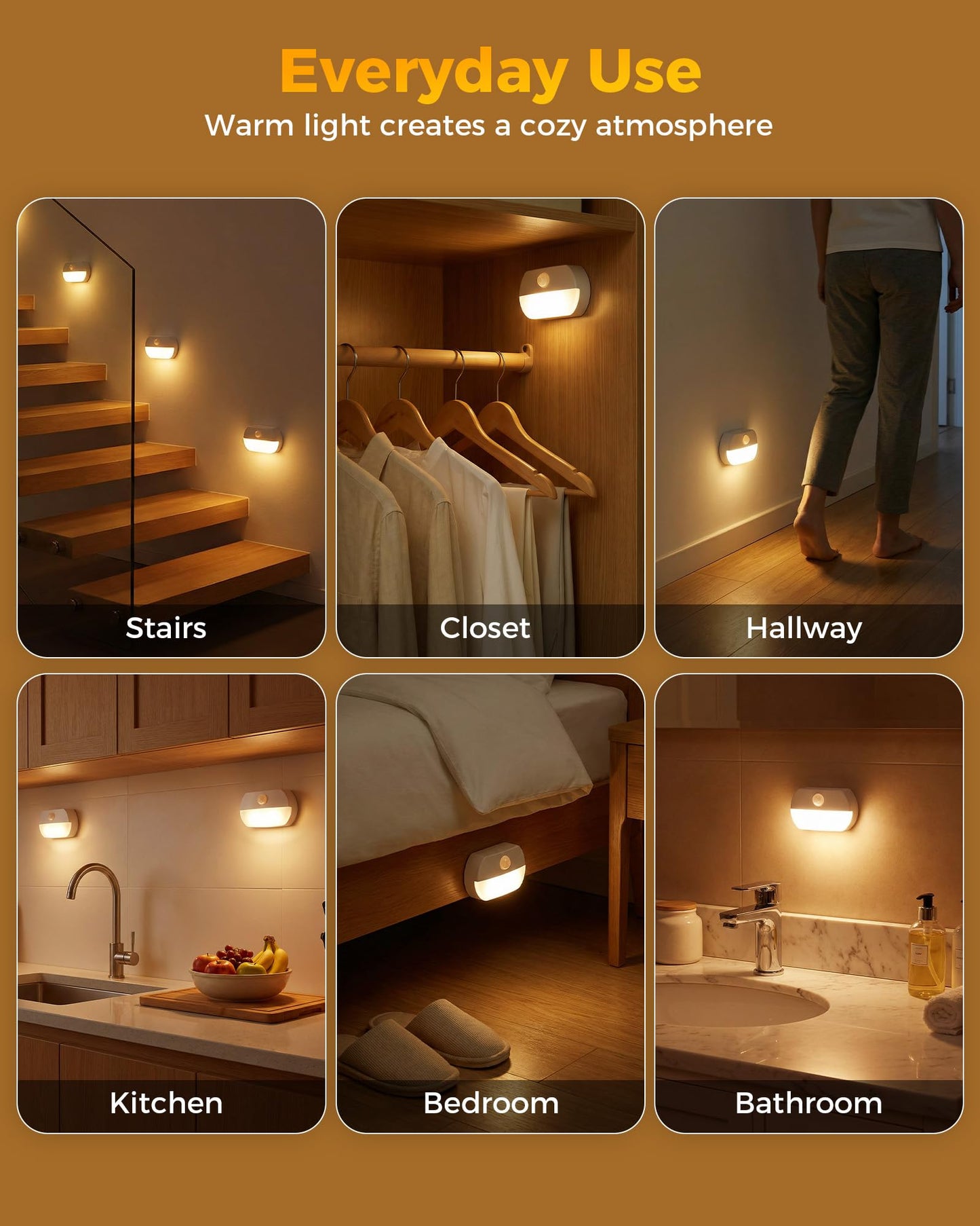 6 Pack Rechargeable Motion Sensor Stair Lights, Indoor Hallway Wall Light, Magnetic Wireless Peel and Stick On Closet Light, Battery Operated LED Night Lights for Step Bedroom Cabinet Toilet Bathroom