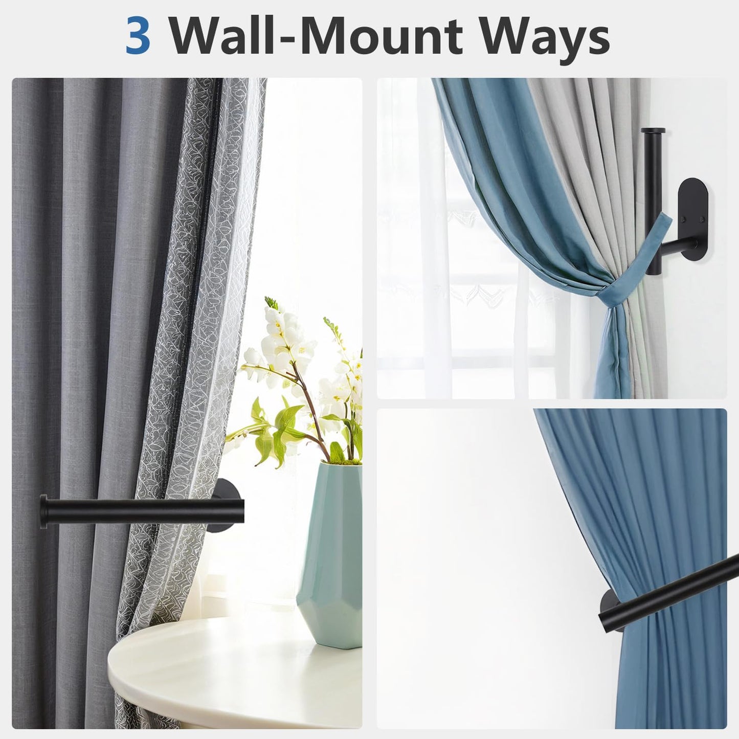 Curtain Tiebacks Hooks Wall Mounted, Curtain Holdbacks Screw-in, Curtain Holders for Drapes, Curtain Pull Backs, Curtain Tie Backs 304 Stainless Steels, 2pcs Black