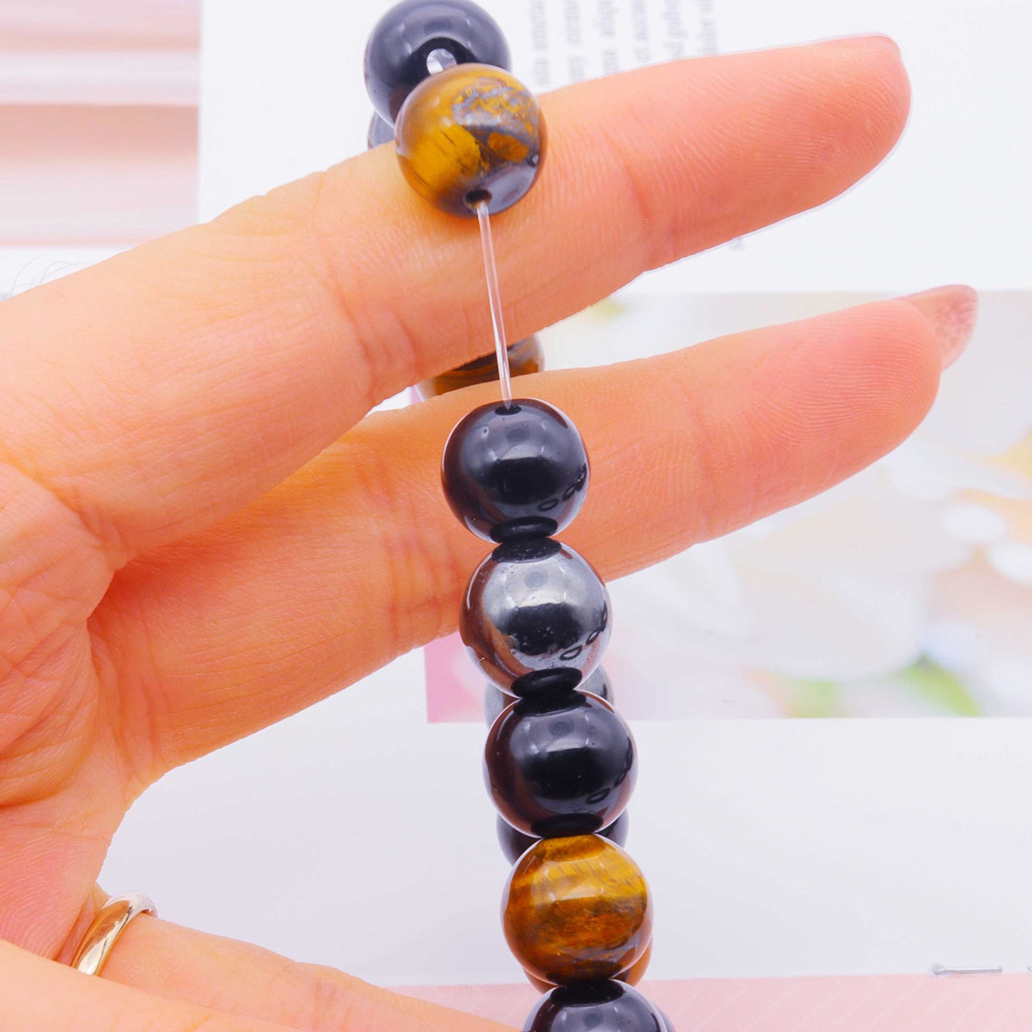 ZZ ZINFANDEL Initial Letter Black Obsidian Beaded Bracelets for Men, Mens Triple Protection Bracelet,10mm Natural Black Onyx Tiger Eye Stone Beads Bracelets (C)
