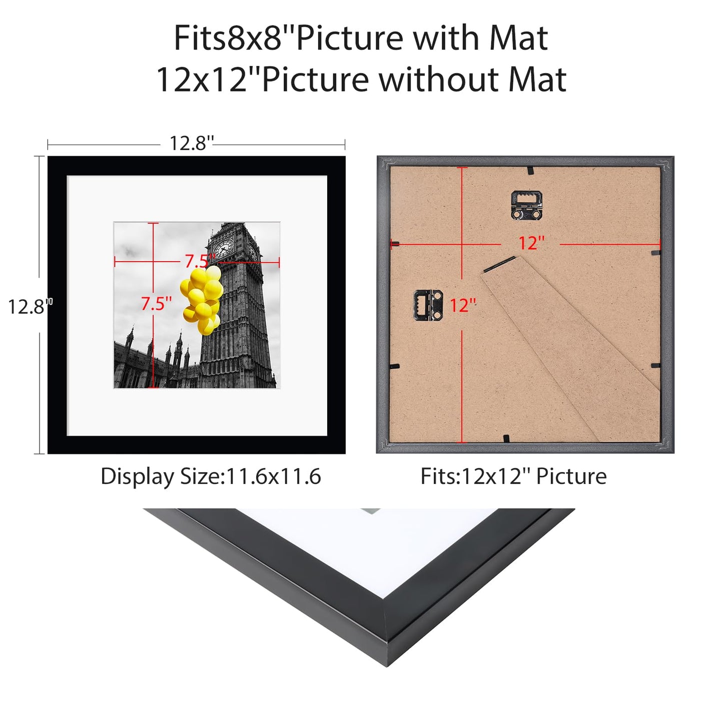 BSRHOME 12x12 Picture Frame Set of 9, Display Pictures 8x8 with Mat or 12x12 without Mat, Multi Collage Gallery Square Photo Frames for Wall or Tabletop, Black