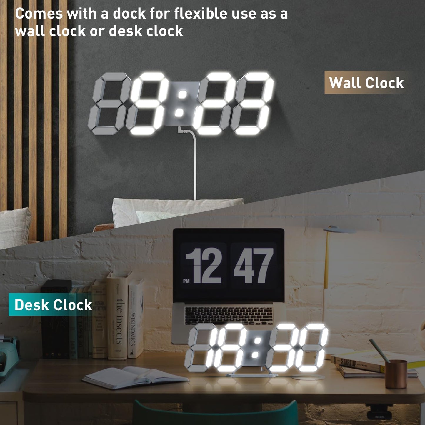 EDUP HOME 3D LED Digital Wall Clock/Desk Alarm Clock with Remote Control for Kitchen Bedroom Office, 9.7" LED Night Light Decor Clock Adjust Brightness 12H/24H Time Date Temperature, Great Gift