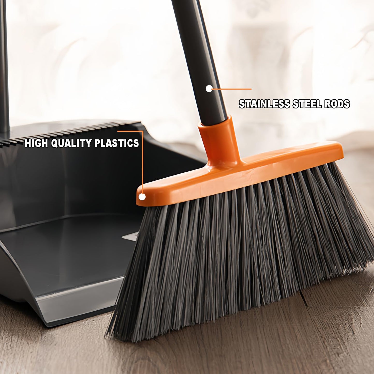 BSMstone Small Broom Stiff Bristles Brush with Long Handle Indoor or Outdoor Compact Broom for Sweeping Patio Garage Garden,Deck,Concrete Floor,Bathroom (Orange)