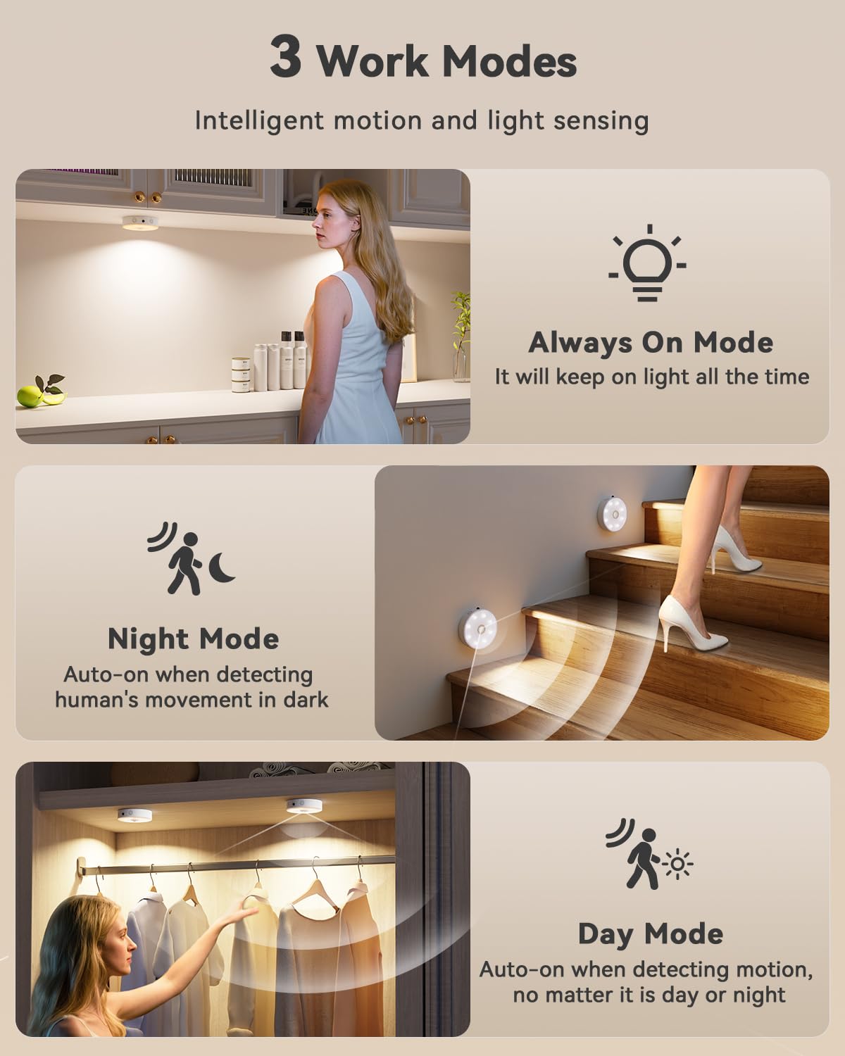 LENOMA Puck Lights with Remote, Rechargeable Under Cabinet Lighting, 3 Color Temps, 12 RGB Color LED Motion Sensor Lights Wireless, Dimmable Tap Lights for Closet, Kitchen, Shelf, Stair, 4 Pack