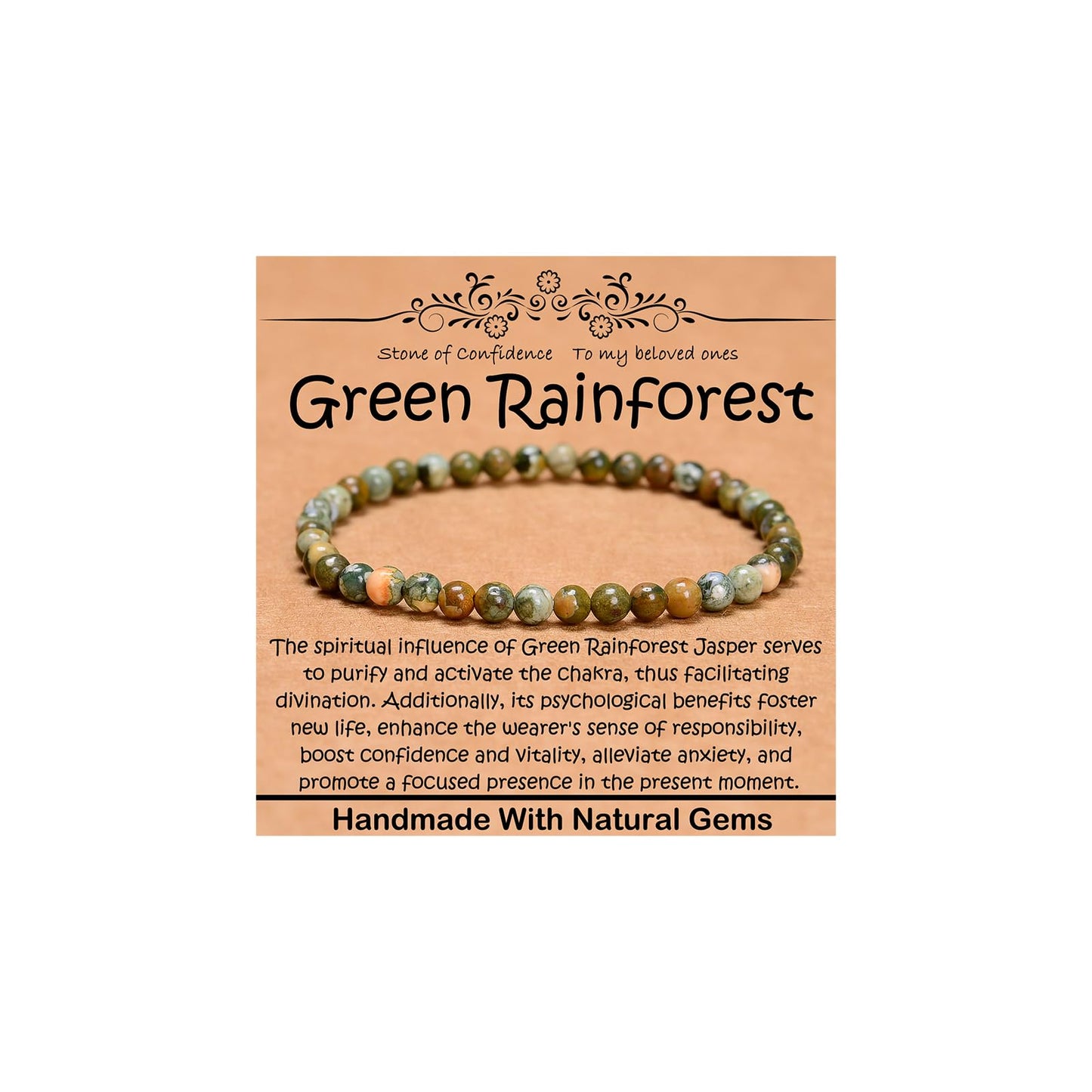 CHCCOYE 4mm Natural Healing Gemstone Bracelet Handmade Yoga Stretch Elastic Bracelet Stress Relief Crystal Jewelry for Men and Women (4mm, Green Rainforest Jasper)