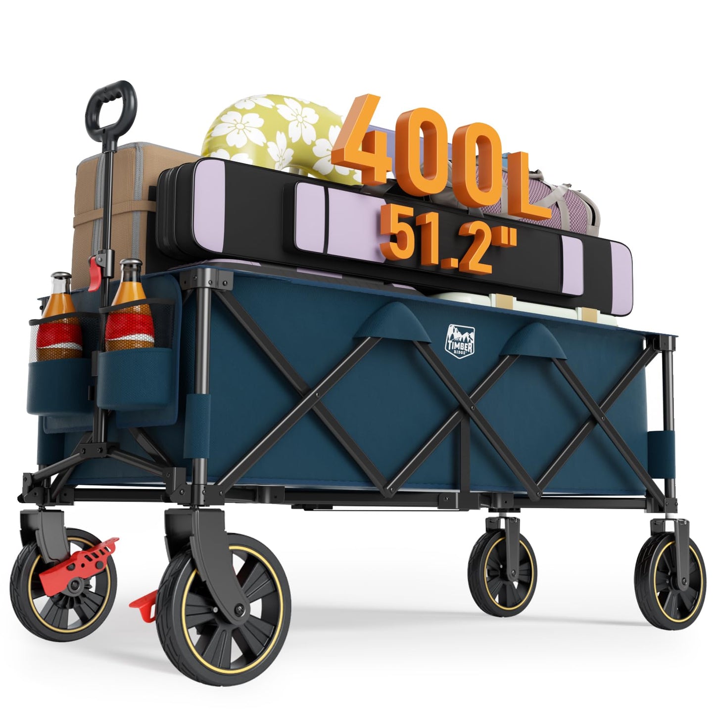 Timber Ridge 51.2'' Extended Collapsible Wagons Carts Foldable, 500LBS Heavy Duty Sports Wagon with Adjustable Handle, 400L Capacity Portable Cart for Camping Shopping