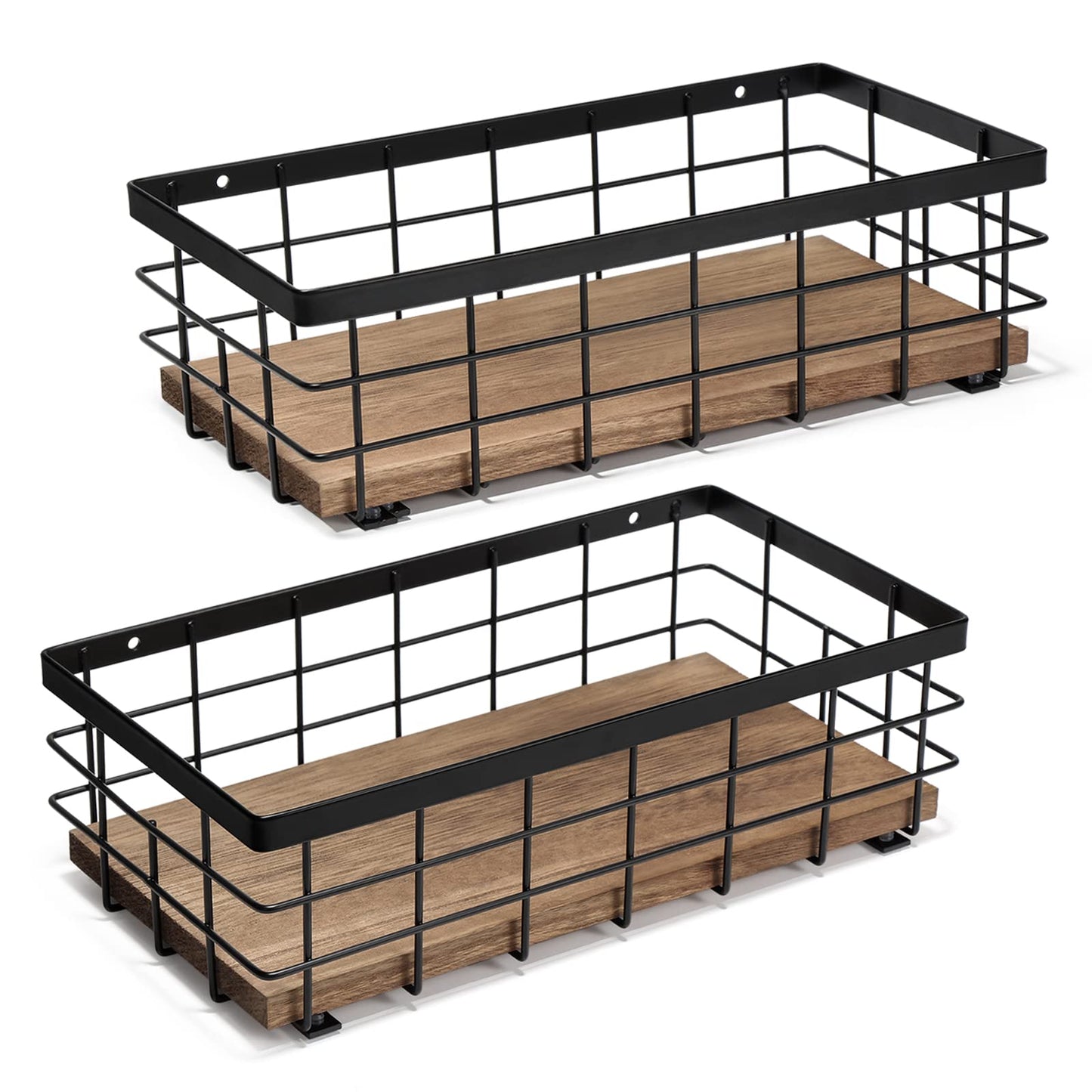 TJ.MOREE Small Metal Wire Basket, Decorative Wood Base Organizer for Bathroom, Kitchen, Basket for Toilet Paper Storage, Sugar Packet, Coffee Syrup, Guest Towel, Napkin(2 Packs)