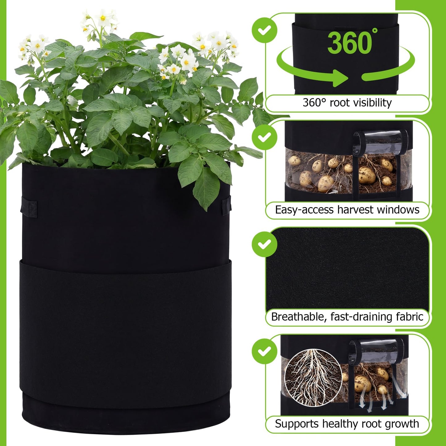 Baderke 2 Pack Visible Potato Grow Bags with Harvest Window, 360 Visibility Plant Grow Bags with Handles for Planting Potatoes, Tomatoes and Vegetables (20 Gallon,Black)