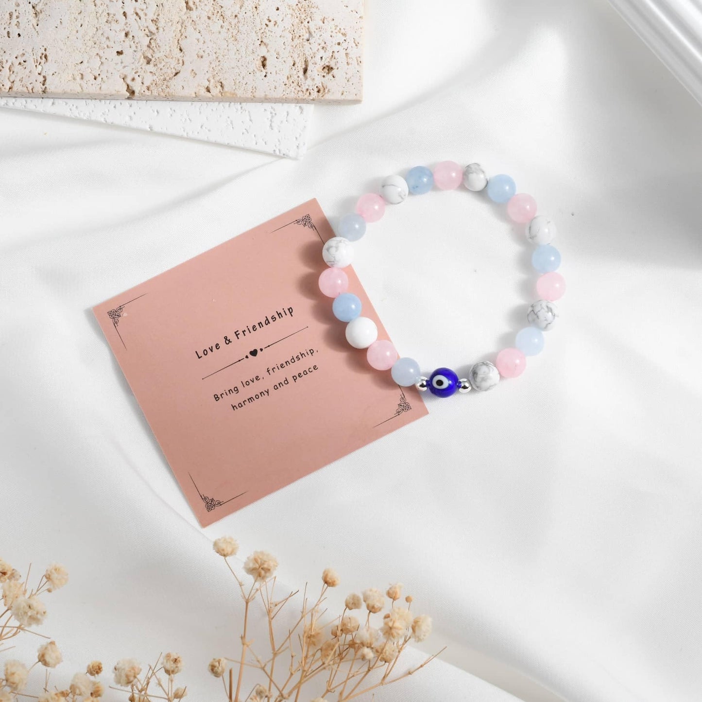 DLYFNVEV Love Friendship Harmony Peace Bracelet Rose Quartz Blue Aquamarine Howlite Eye Evil Protection Healing Crystal Beaded Anxiety Relief Triple Natural Stone Jewelry Gifts For Women