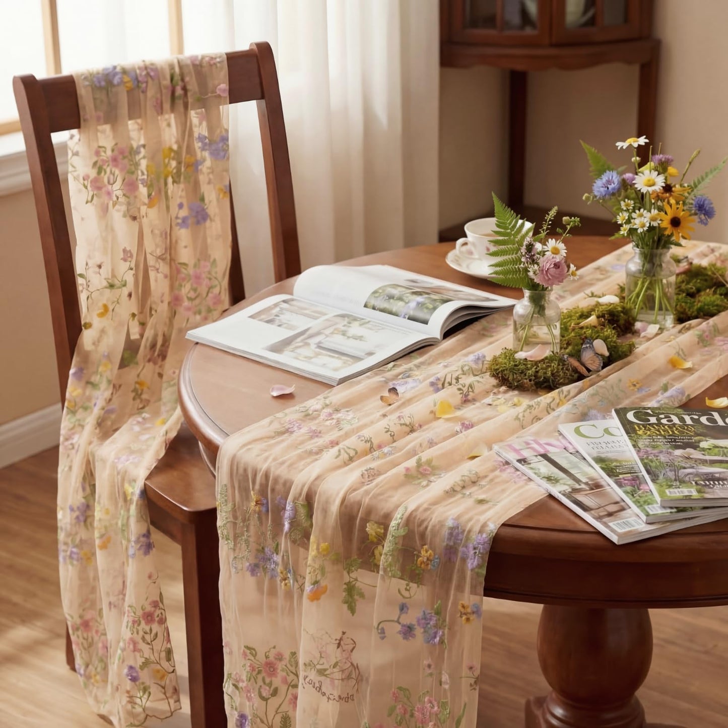 Windkream Champagne Floral Table Runner 10ft Embroidery Tulle Spring Wildflower Table Runner Seasonal Summer Butterfly Kitchen Dining Gauze Decoration for Wedding Baby Shower Birthday Party (1 Pcs)