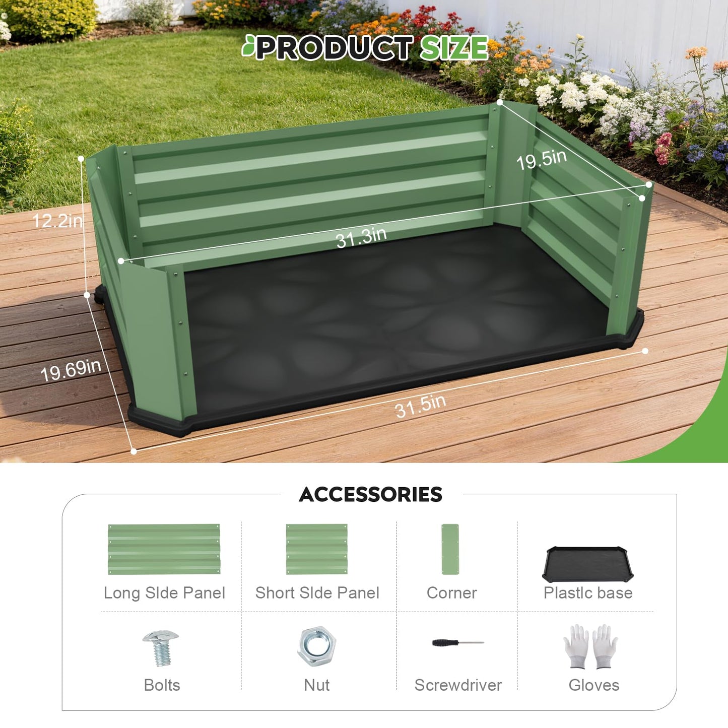 2 Pcs Galvanized Raised Garden Bed with Bottom, Indoor Metal Raised Garden Beds, Easy Assembly No leaks & Rust-Proof Flower Bed, Outdoor Planter Box for Vegetables, Herbs, Patio, Balcony, Green