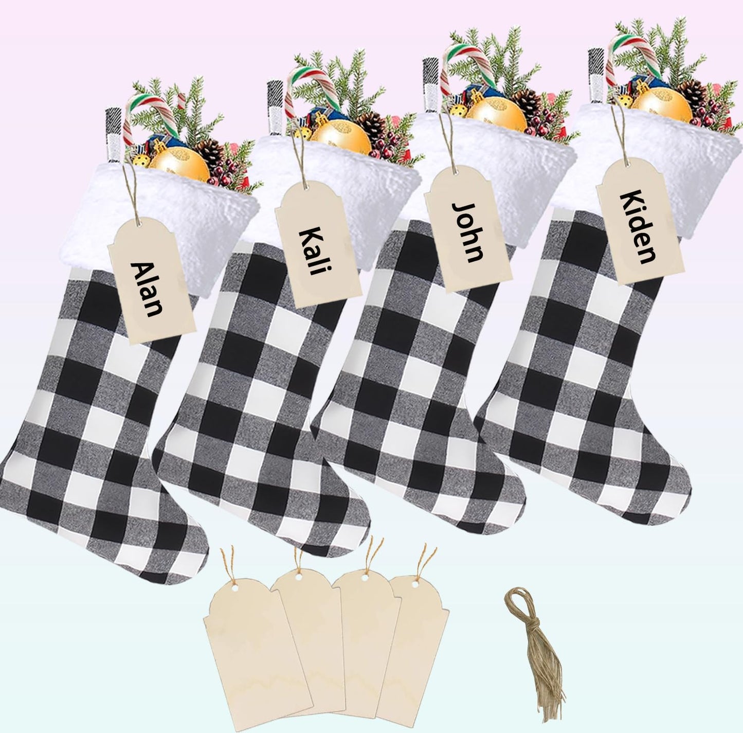 Christmas Stockings 4 Pack,Buffalo Plaid Christmas Stockings,20 Inch Classic Large White Black Plaid Christmas Stockings Decorations,Xmas Stockings Set of 4 Fireplace Family Holiday Party Decor