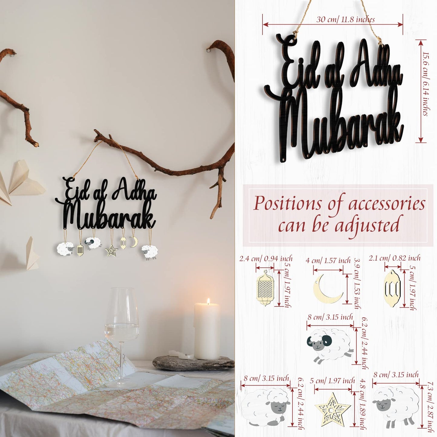 Eid Al Adha Decoration Eid Al Adha Wooden Pendant Ornament Mubarak Eid Hanging Decoration Ramadan Mubarak Eid Al Adha Mubarak Hanging Sign Decorations for Home Ramadan Mubarak Eid Party