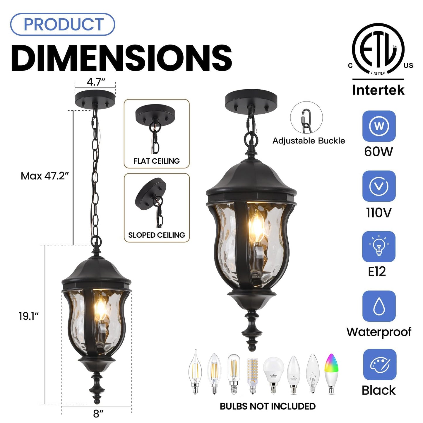 Smeike Large Outdoor Pendant Light Fixtures, 19.1'' Exterior Hanging Lantern Porch Light Adjustable, Black Hanging Lamp Farmhouse Exterior Chandelier Ceiling Mount for Entrance Patio