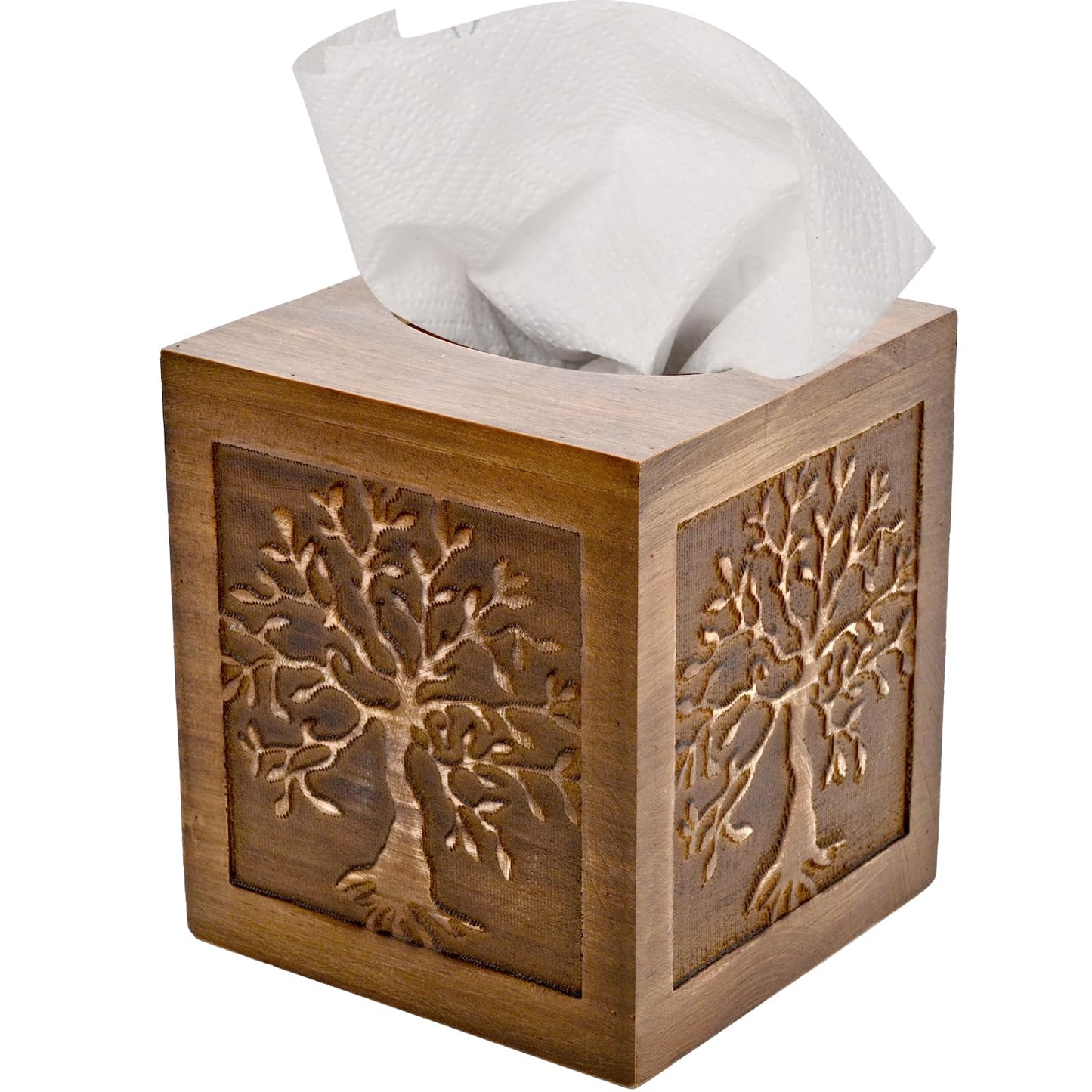 SwallowLiving Upgraded Large Tissue Box Cover Square - Decorative Wooden Tissue Holder with Sliding Bottom, Tree of Life Farmhouse Decor for Bathroom, Office Living Room, Fits Most Cube Tissues, Brown