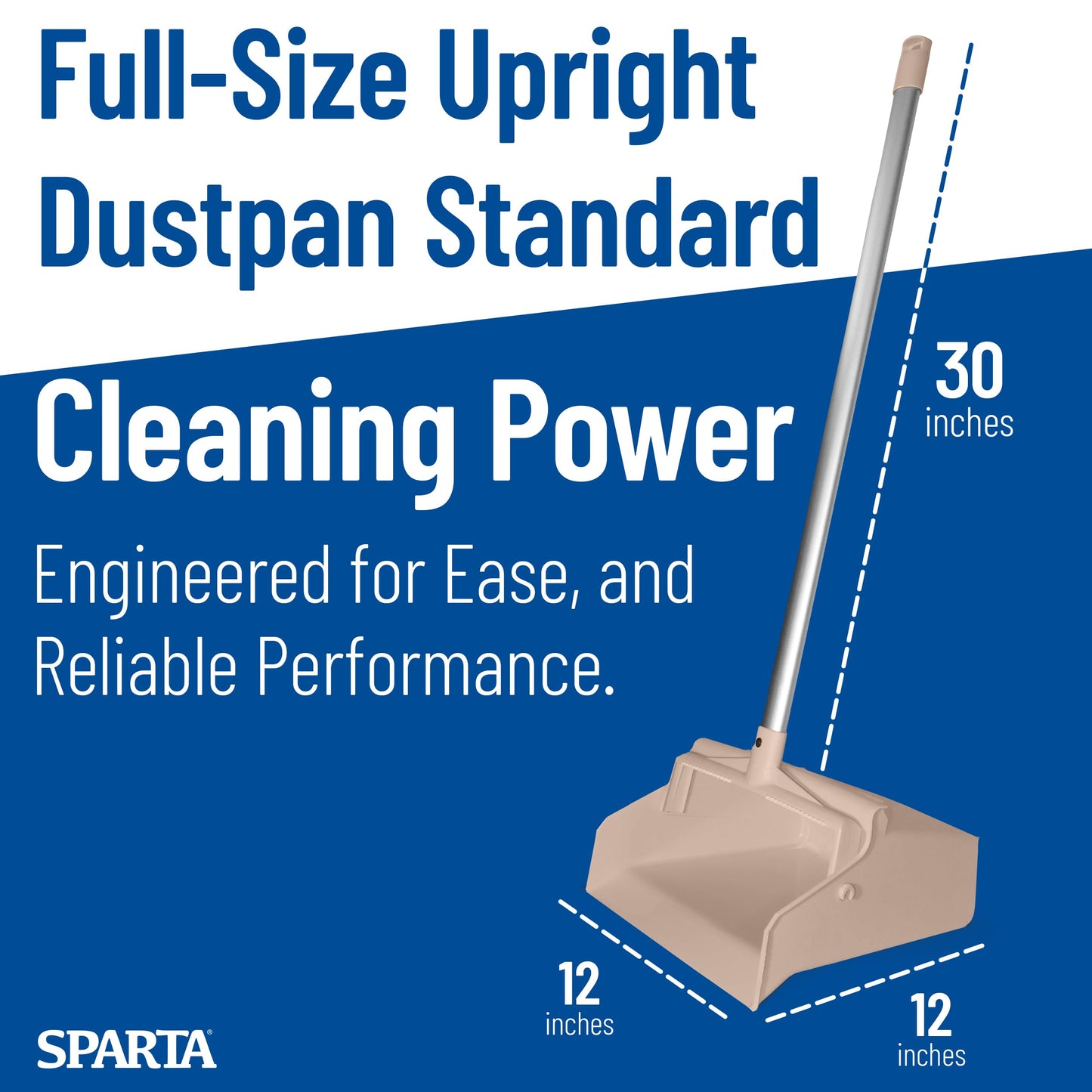 SPARTA Upright Dustpan with Aluminum Handle, Serrated Edge for Broom Combing, Secure Yoke Lock with Easy Storage Hanging Hole for Commercial Cleaning, Plastic, 30 Inches, Tan