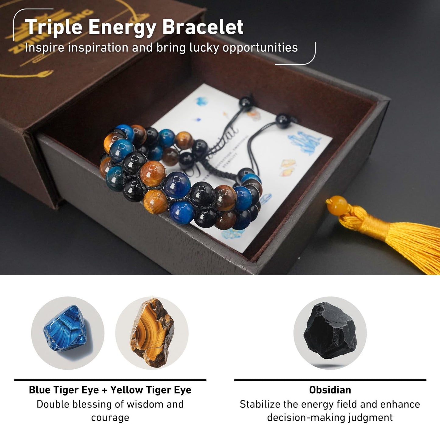 Triple Protection Energy Bracelet, Healing Crystals for Negative Energy Protection, Unisex Amulet with Obsidian, Tiger Eye, and Onyx Stones, Spiritual Jewelry for Men and Women, Healing, Manifestation, and Wellness (8mm two-color tiger eye energy chain)