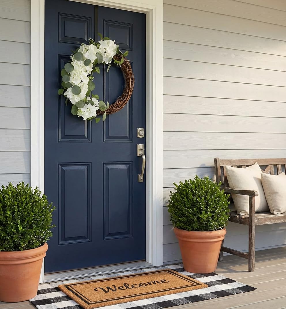 COLLECTIVE HOME - Artificial Wreath, 20" Artificial Wreath for Front Door, Spring Green Leaf for Window Wedding, Home Porch Patio Garden Decor (Grapevines Cream Hydrangeas)