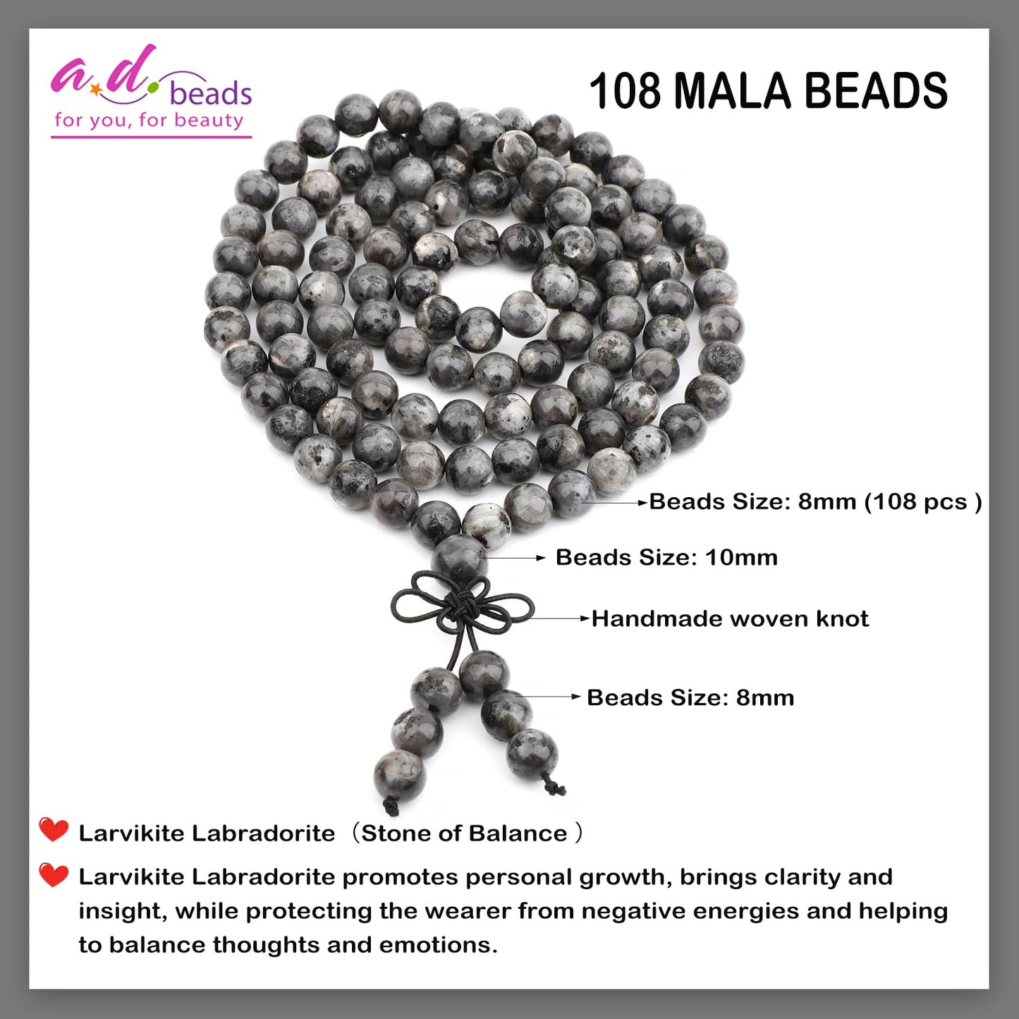 AD Beads 8mm 108 Prayer Mala Larvikite Labradorite Elastic Bracelet - Balance - Handmade Yoga Meditation Healing Power Energy Gifts for Unisex Adult.