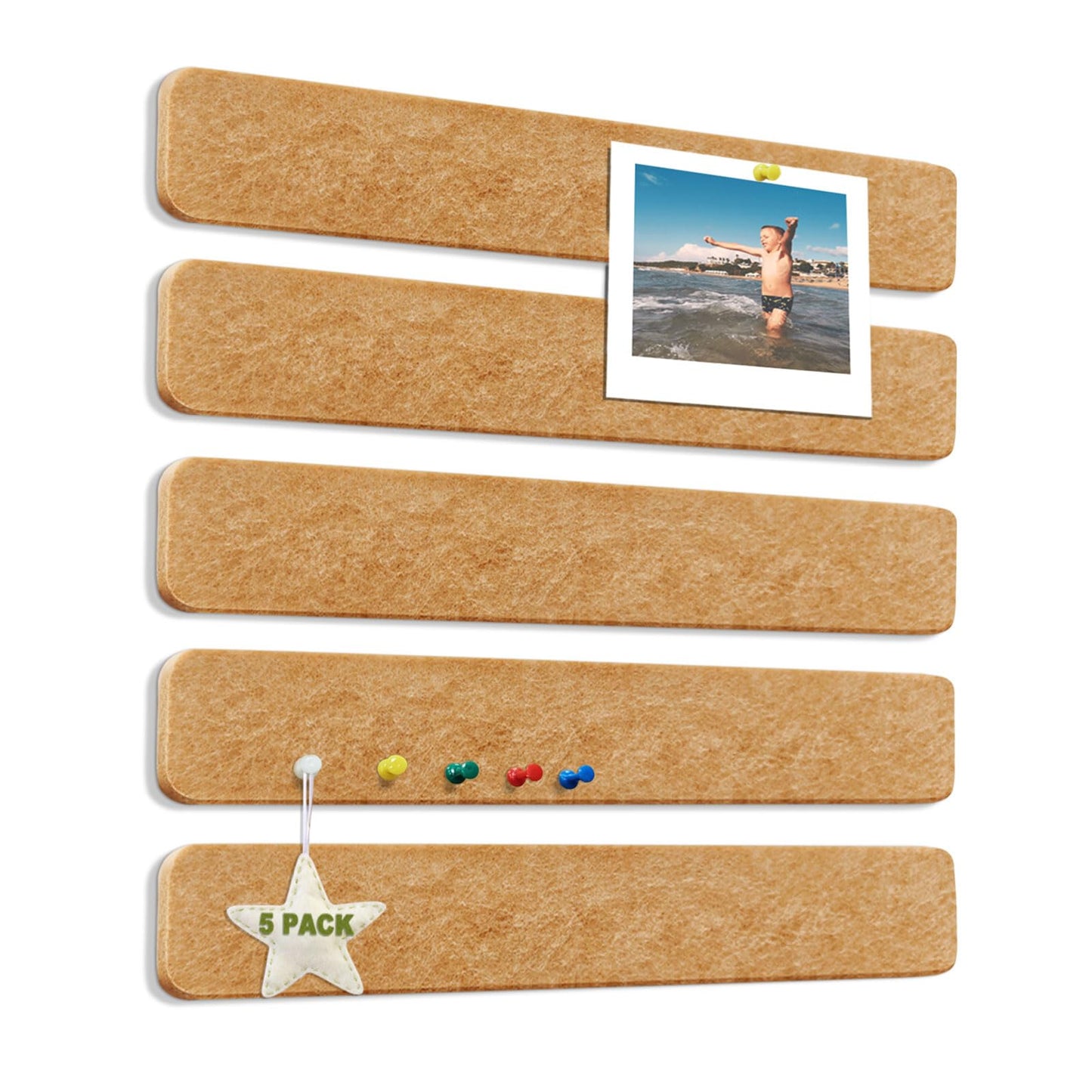 Felt Bulletin Board Strips 5-Pack, 13" x 2" Self Adhesive Pin Board with 35 Push Pins – Cork Board Alternative Notice Board for Office, Bedroom Door, Home Office Wall Decor (Brown)
