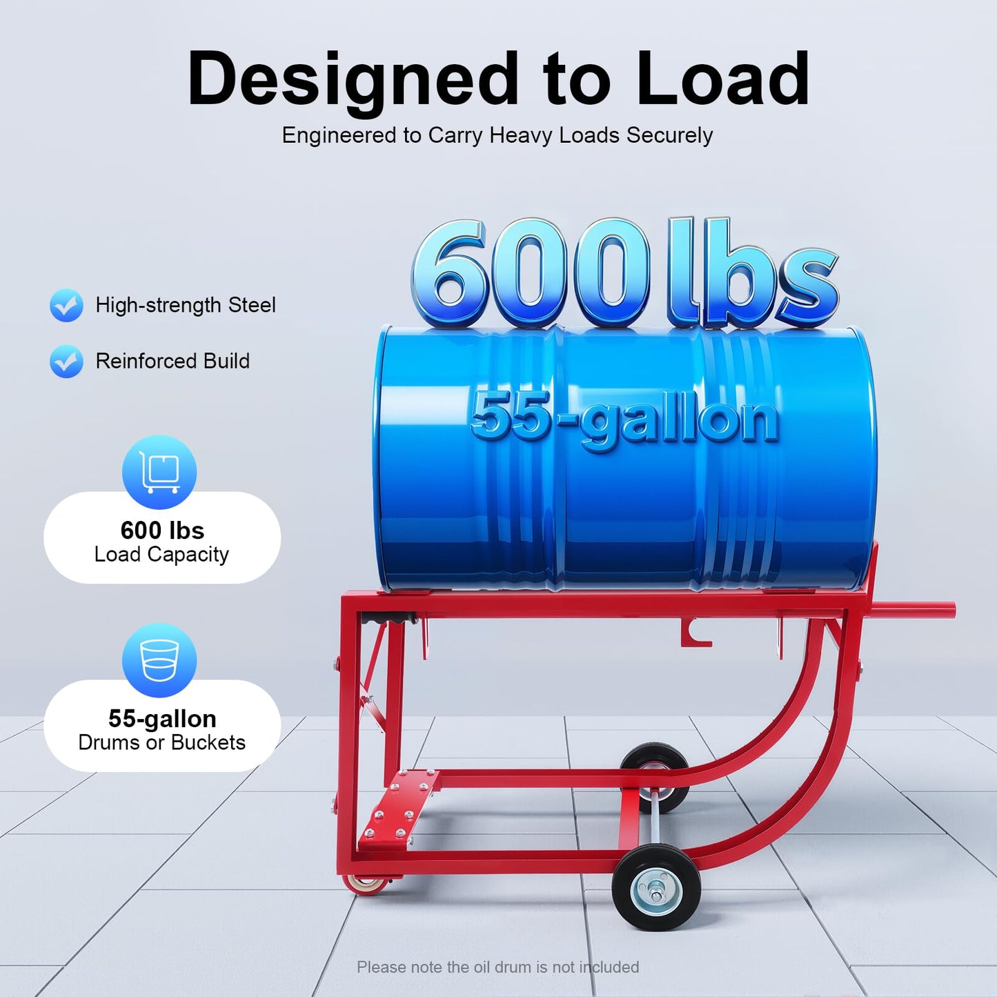 55 Gallon Drum Cradle, 600lbs Capacity Oil Drum Cart Rack with 4 Wheels and Retractable Drawbar, Steel Round Drum Handling Cradle for Workshops, Factories, Warehouses