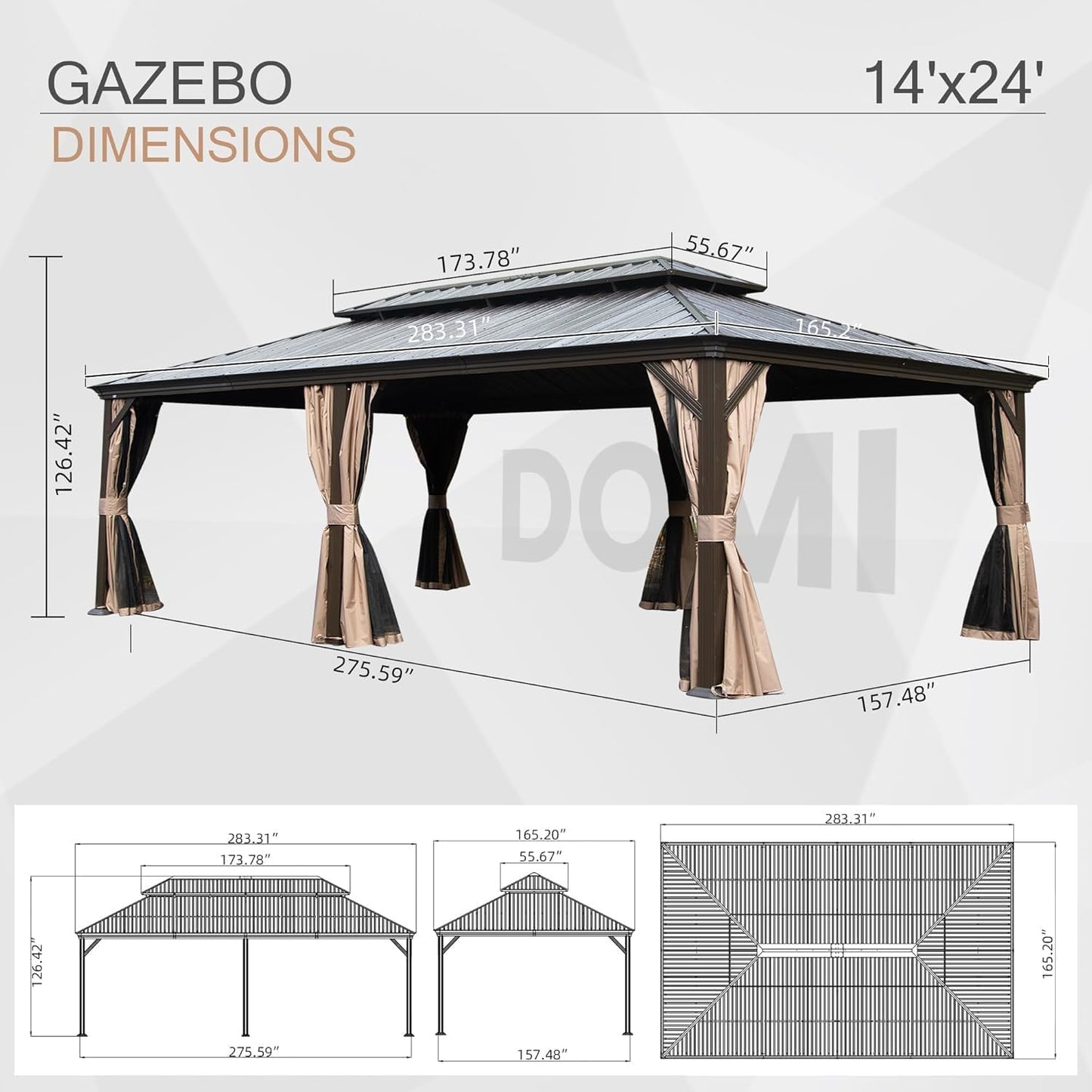 Domi 14x24FT Outdoor Gazebo, Hardtop Gazebo with Galvanized Steel Double Roof, Metal Gazebos with Drainage System Patio Pergola for Patio Deck Backyard,Curtain and Netting,Brown