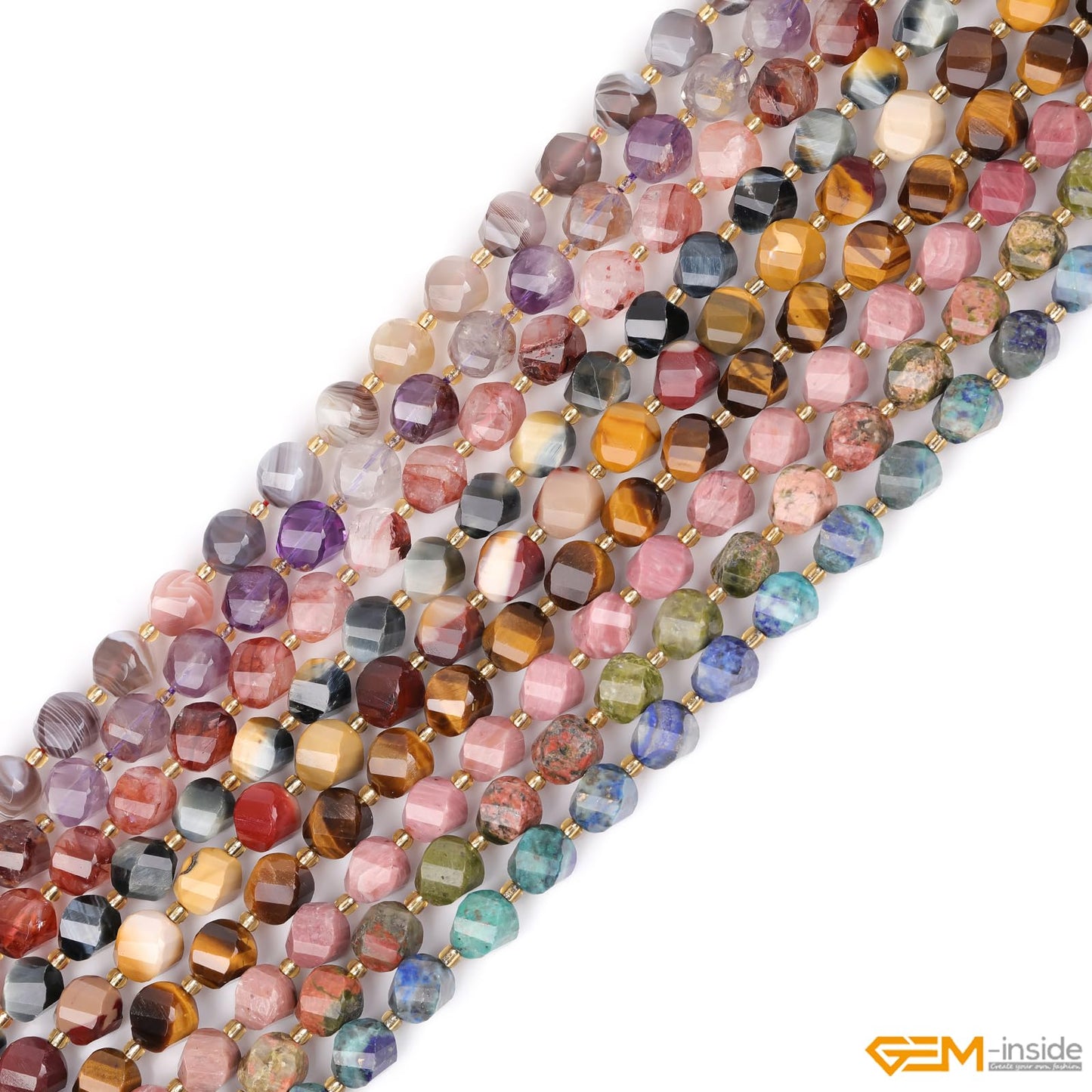 GEM-Inside 32Pcs 10mm Twist Faceted Dyed Lapis Lazuli Malachite Jasper Gemstone Charms Beads for Bracelet Necklace Jewelry Making Power Energy Chakra Beads