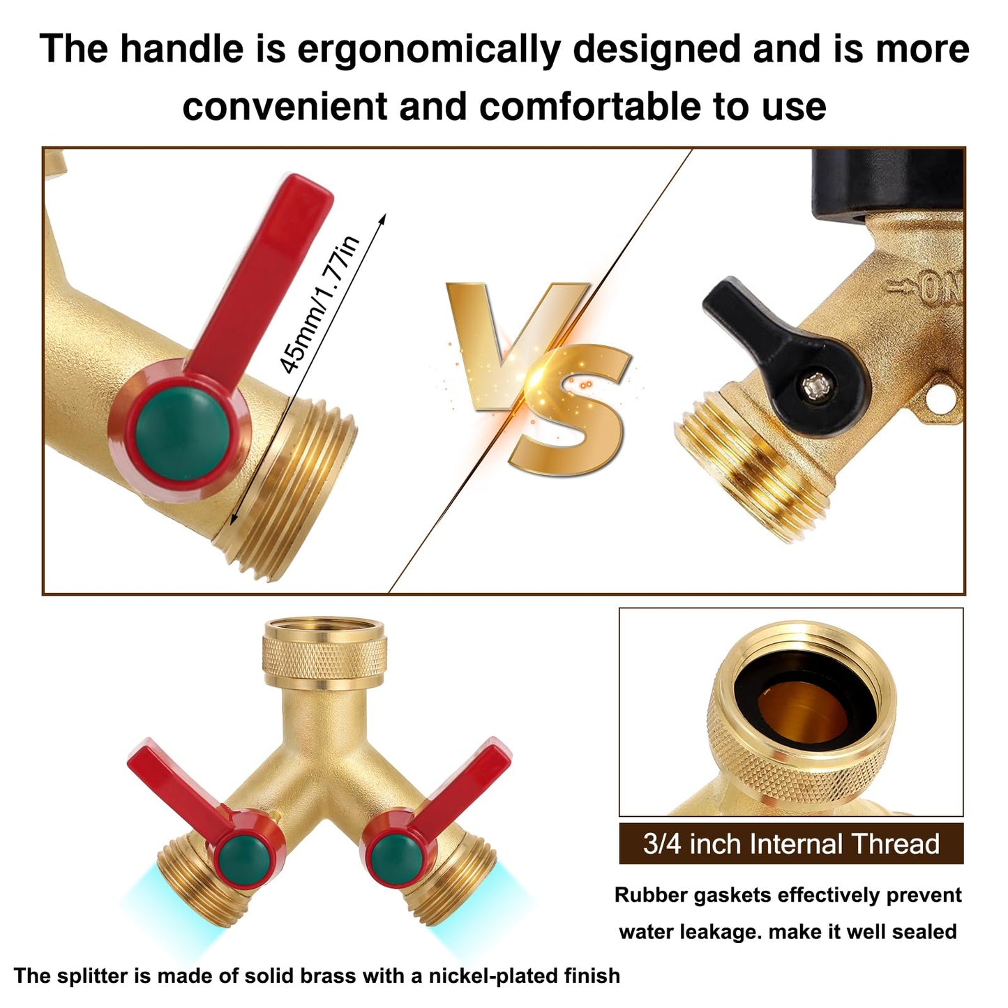 Brass Garden Hose Splitter, 2/3 Way Heavy Duty Outdoor Hose Splitter, 3/4" Hose Y Faucet Splitter with Leak Proof Tape and 2 Extra Rubber Gaskets for Regulating and Shutting Off Water Flow (2 WAY)