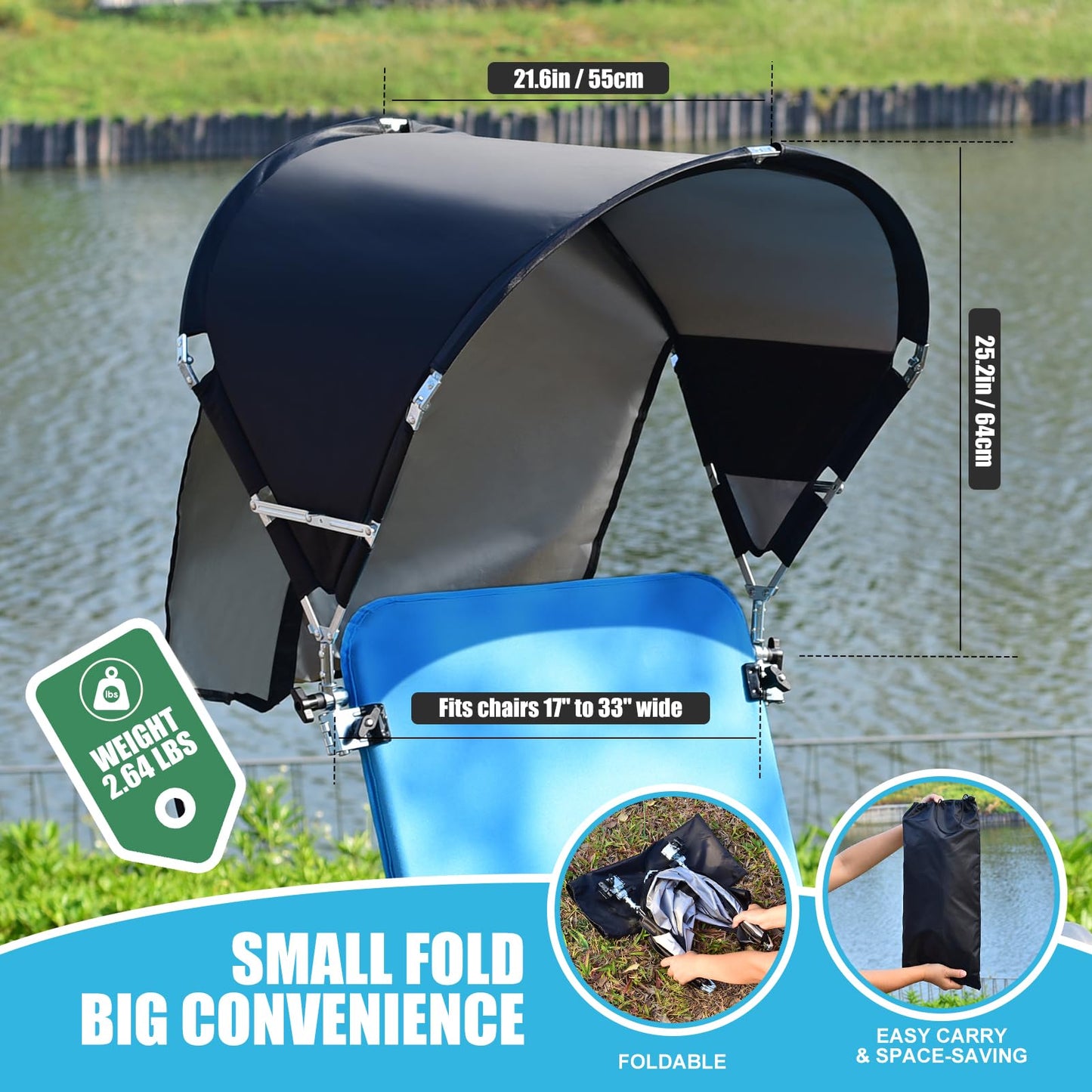 Universal Wind-Resistant Chair Umbrella Canopy, Foldable Portable UPF 50+ Sun Shade Attachment with Adjustable Clamp, Fits Most Beach, Outdoor, Camping, Lawn, Zero Gravity Chairs, Wheelchairs, 2 Pack
