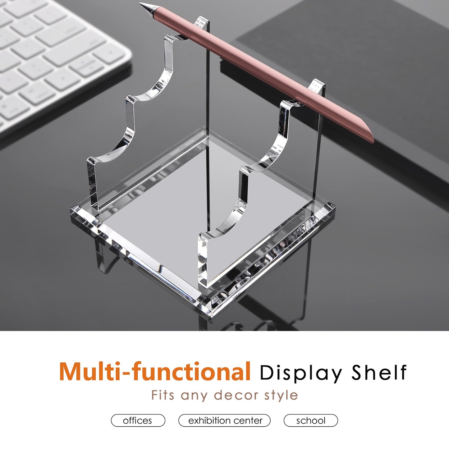 YUXUN Acrylic Pen Holder for Desk - Horizontal Three Pen Display Stand with 8mm Thick Base | Fountain Pen Rest, Apple Pencil Stand, Crystal-Clear Desk Organizer