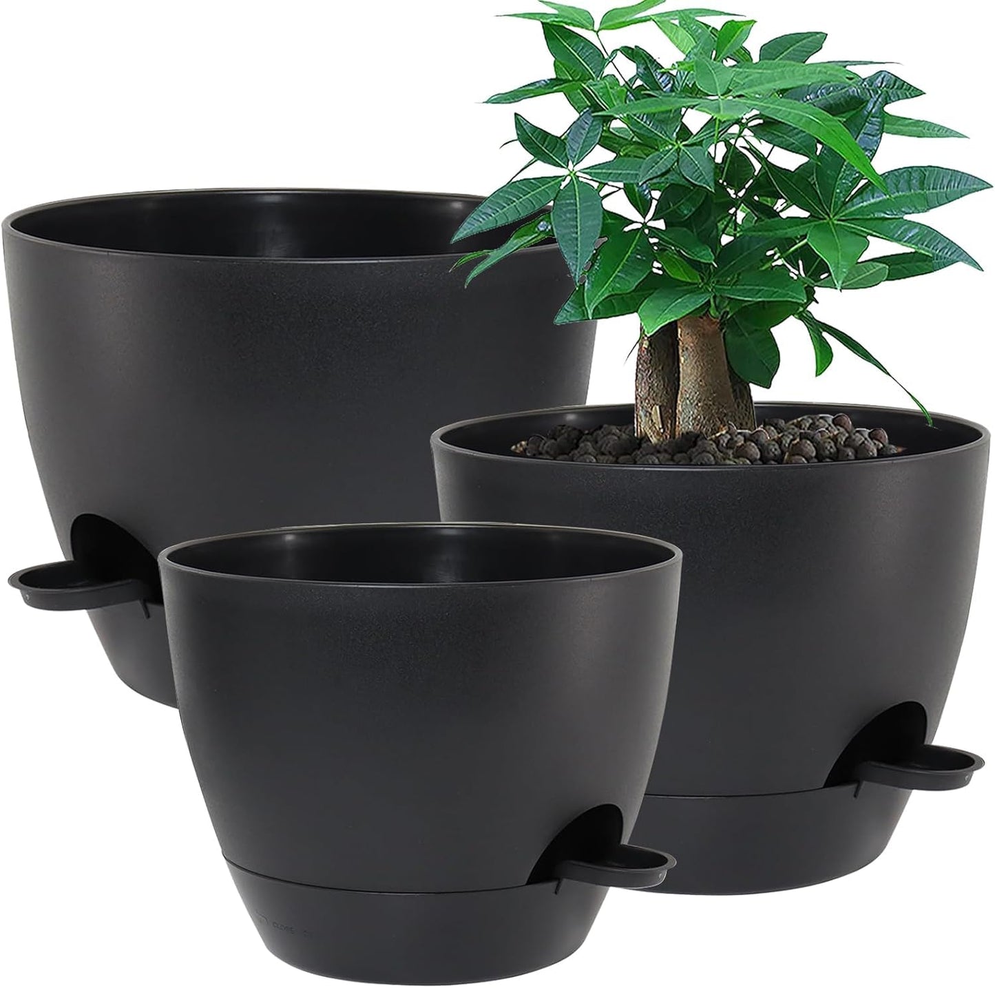 UOUZ Large Self Watering Pots, 12/10/9 Plastic Planters with High Drainage Holes and Deep Reservoir for Indoor Outdoor Garden Plants and Flowers, Black