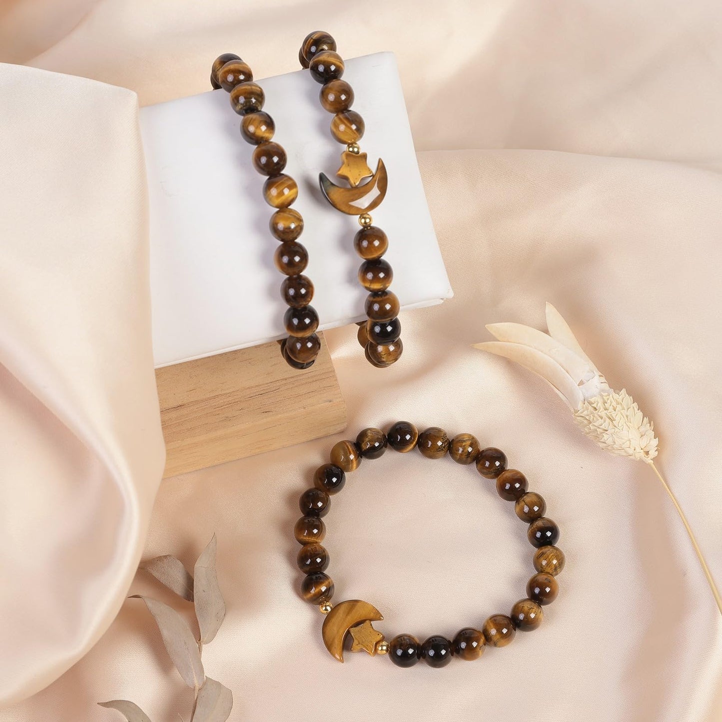 TUMBEELLUWA Half Moon Star Crystal Bracelet Healing Stone 8mm Beads Handmade Stretch Charm Jewelry for Women Spiritual, Tiger's Eye Stone