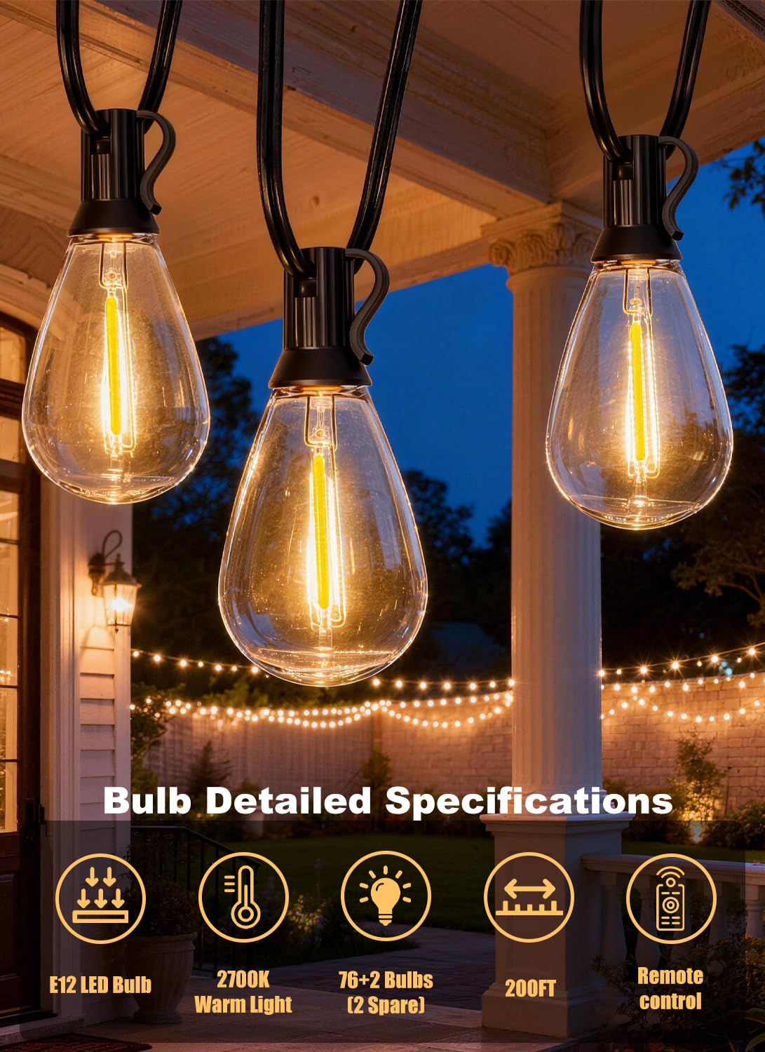 Gyecahz 200FT Outdoor String Lights Waterproof, 76+2 Shatterproof S11 LED Bulbs, Extra Long Patio Lights for Outside, Bistro Cafe Decor, Backyard Garden Hanging Lights, Outside Fence Light String