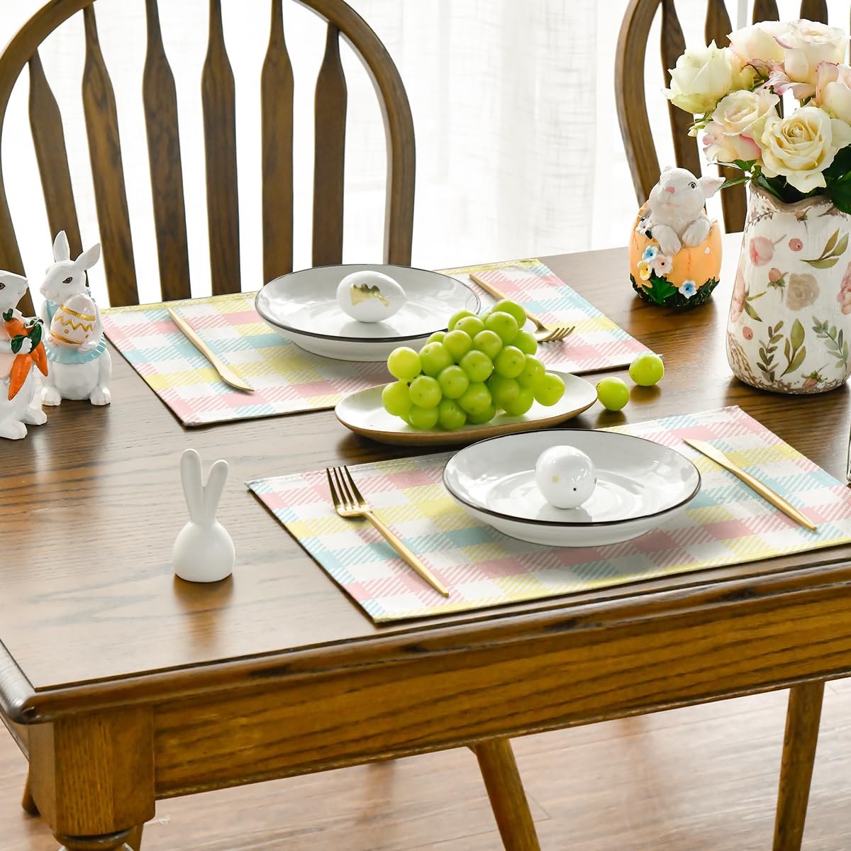 Artoid Mode Blue Pink Yellow Buffalo Plaid Placemats Set of 4, 12x18 Inch Seasonal Easter Table Mats for Party Kitchen Dining Decoration